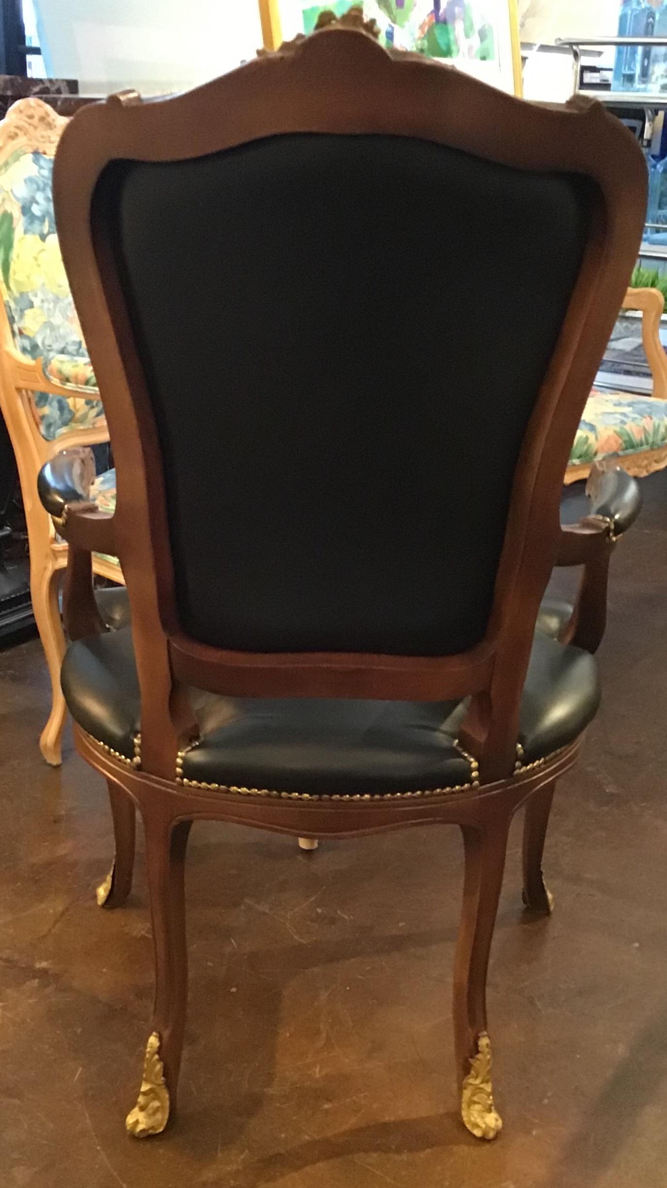 Black Leather Wood Armchair Bronze Mounts Louis XV Style Office Desk Chair In Good Condition In Austin, TX