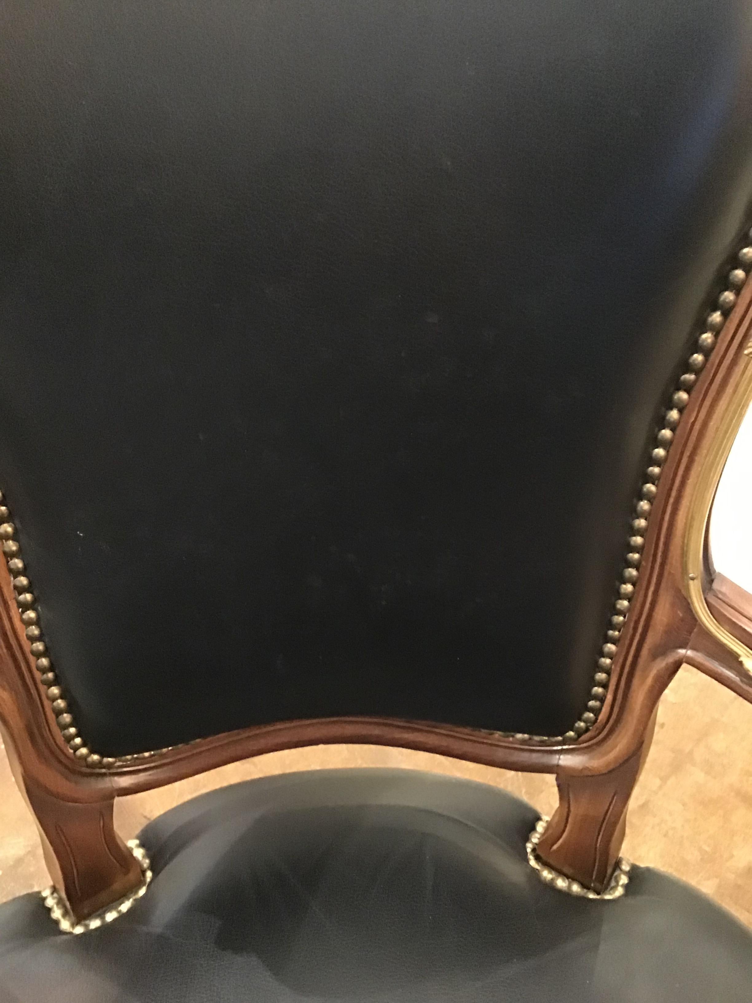 Black Leather Wood Armchair Bronze Mounts Louis XV Style Office Desk Chair 2