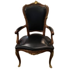 Black Leather Wood Armchair Bronze Mounts Louis XV Style Office Desk Chair