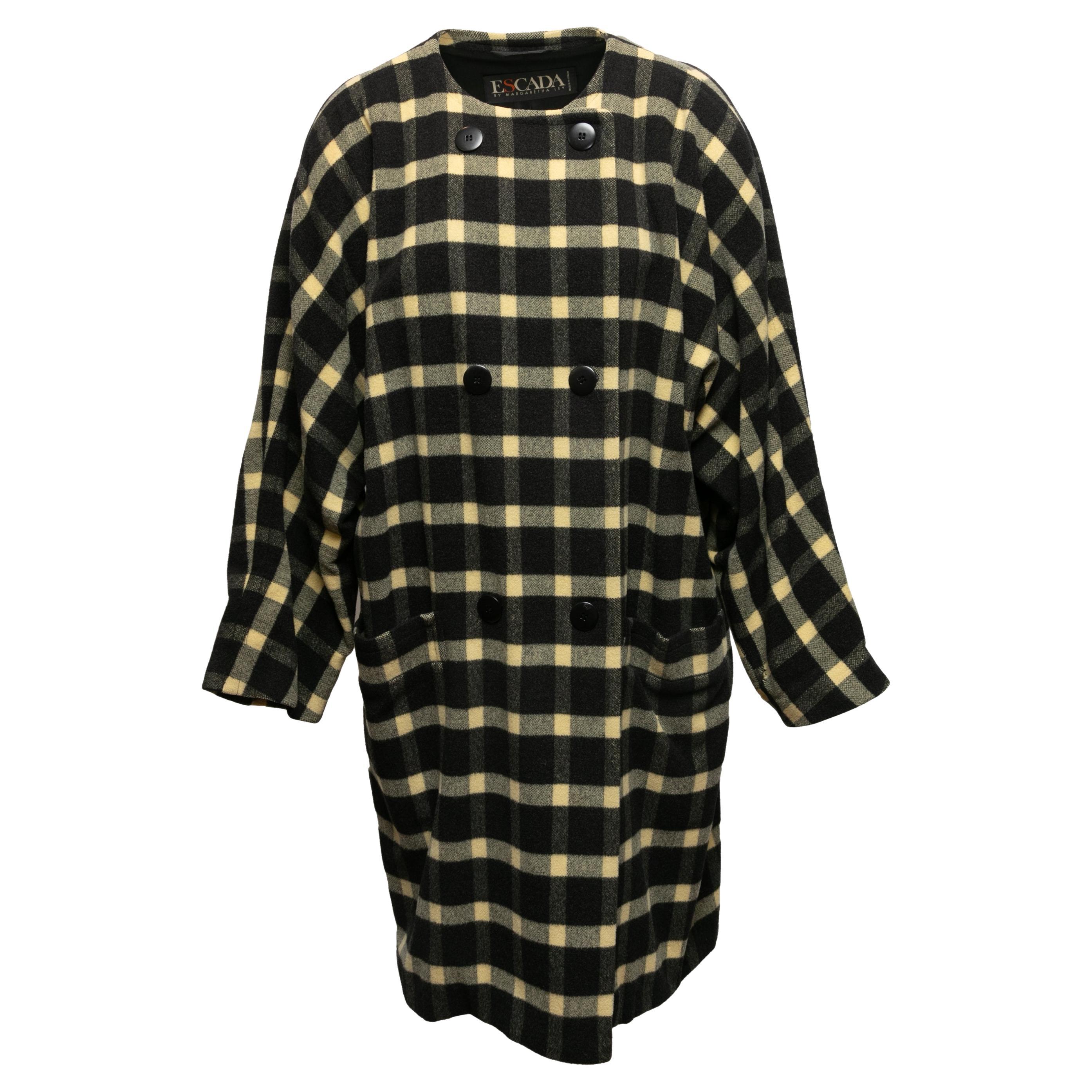 Vintage Black & Light Yellow Escada Virgin Wool Plaid Collarless Coat Size US M For Sale