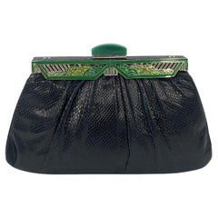 Retro Judith Leiber Black Lizard Green Enamel Top Clutch 