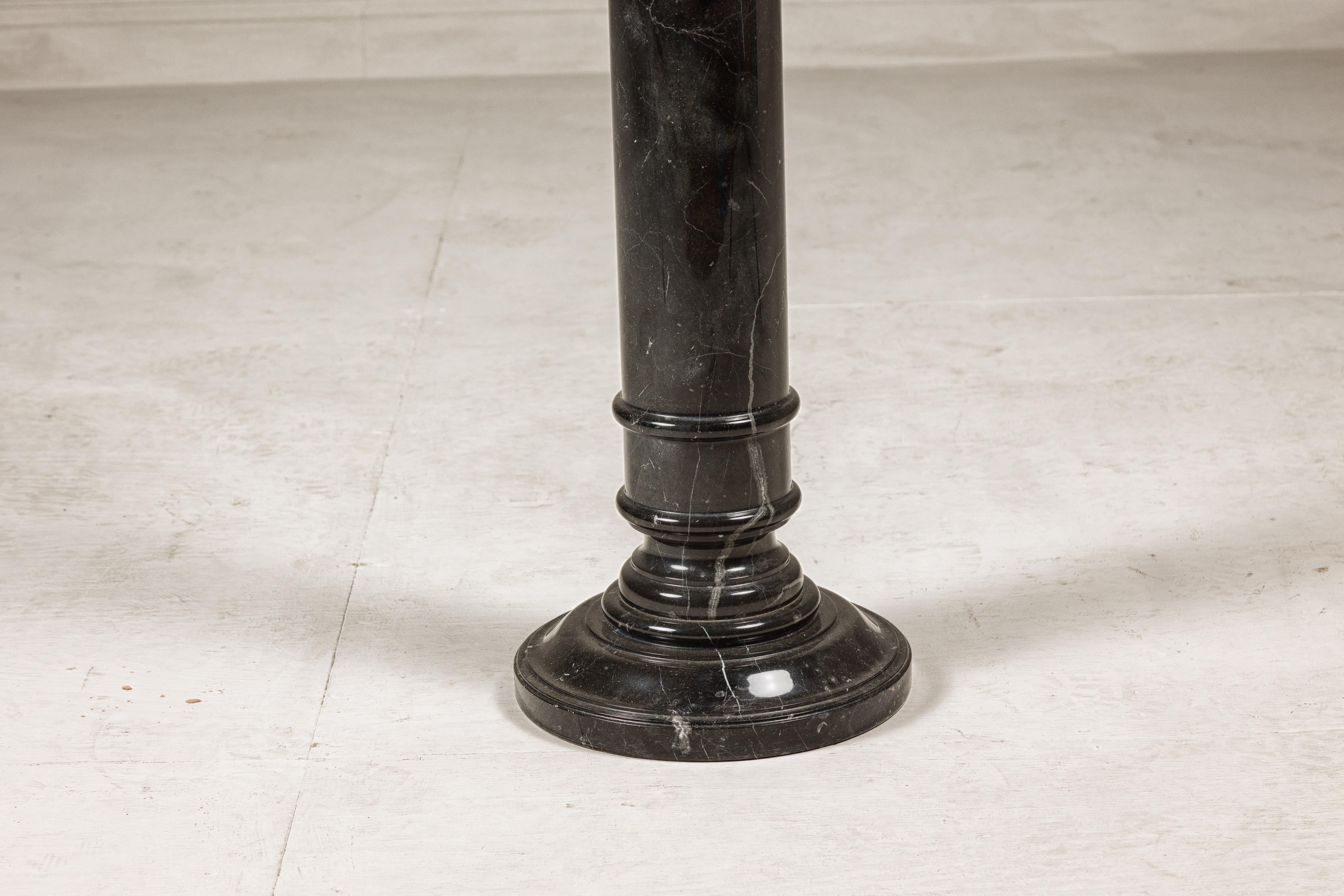 Vintage Black Marble Column Pedestal with White Veining and Stepped Base For Sale 5