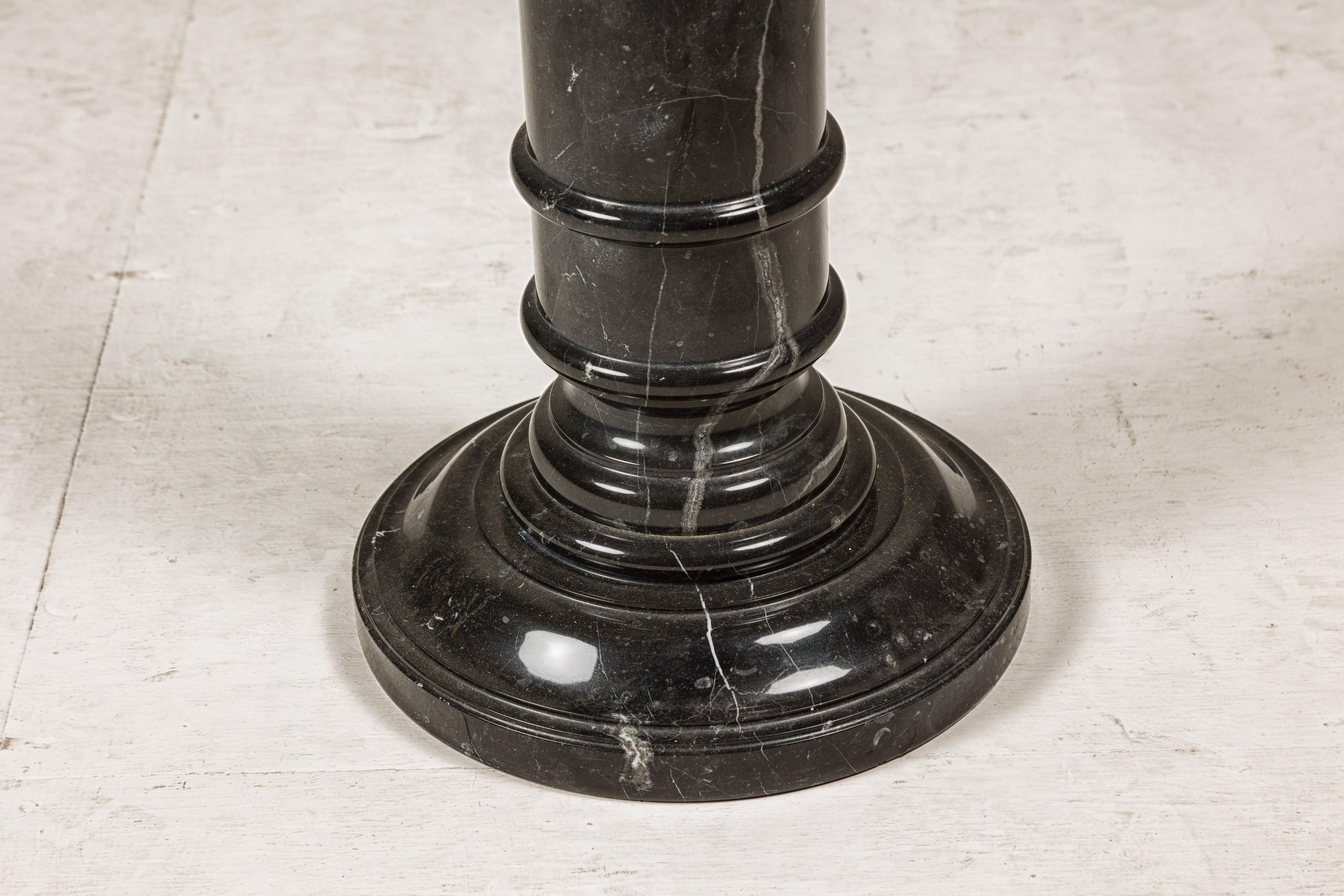 Vintage Black Marble Column Pedestal with White Veining and Stepped Base For Sale 8