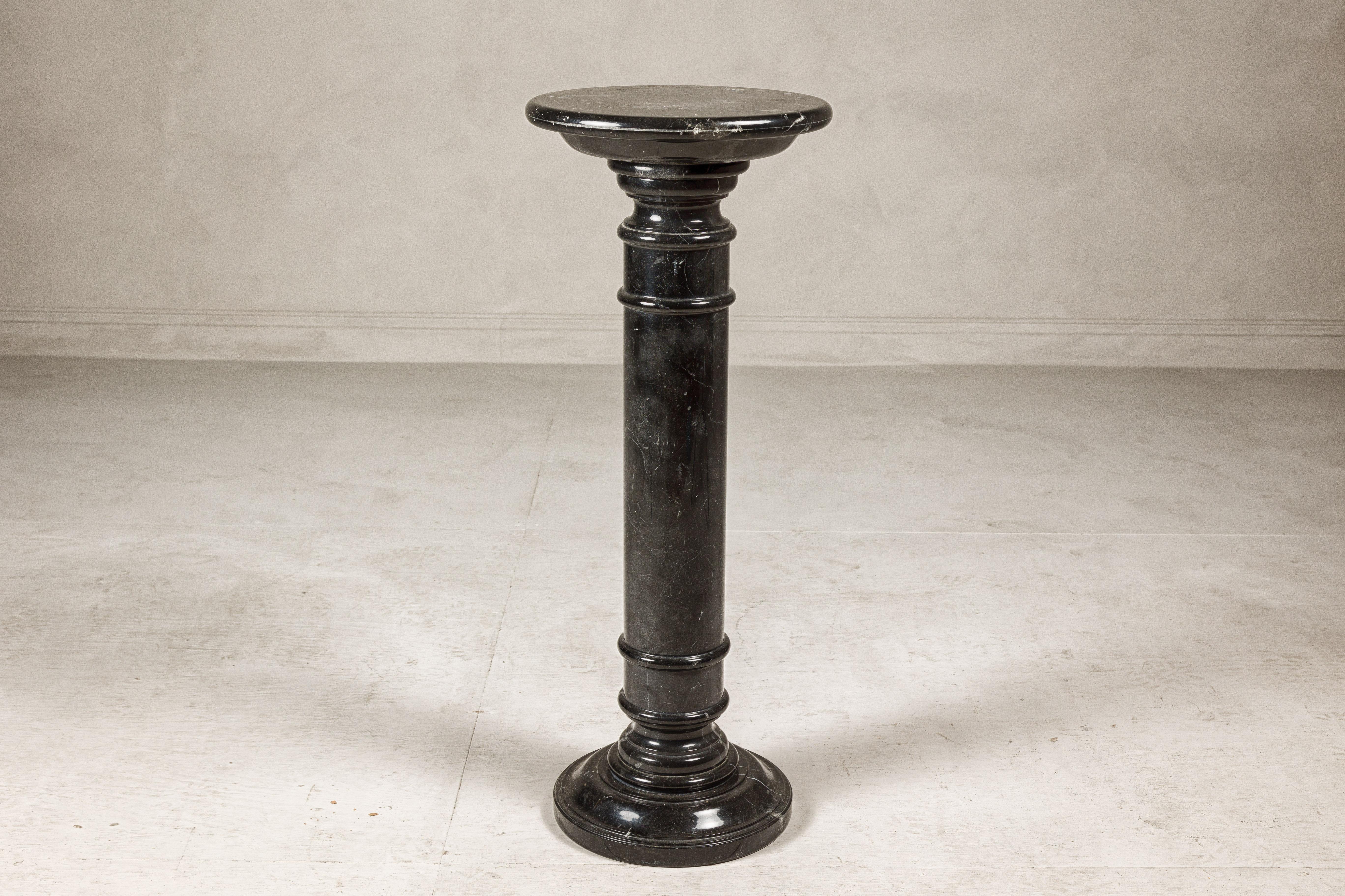 Vintage Black Marble Column Pedestal with White Veining and Stepped Base For Sale 9