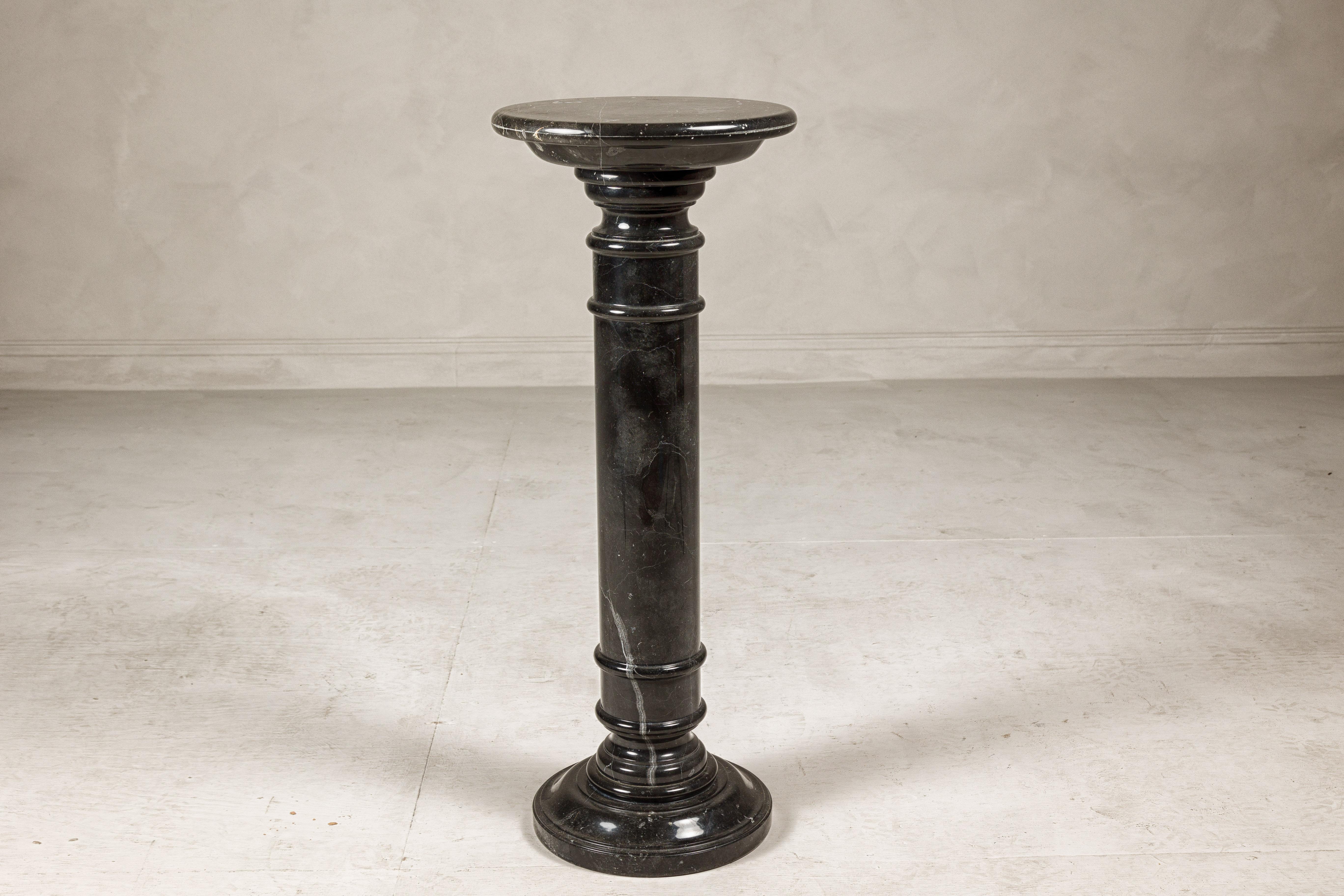 Vintage Black Marble Column Pedestal with White Veining and Stepped Base For Sale 10
