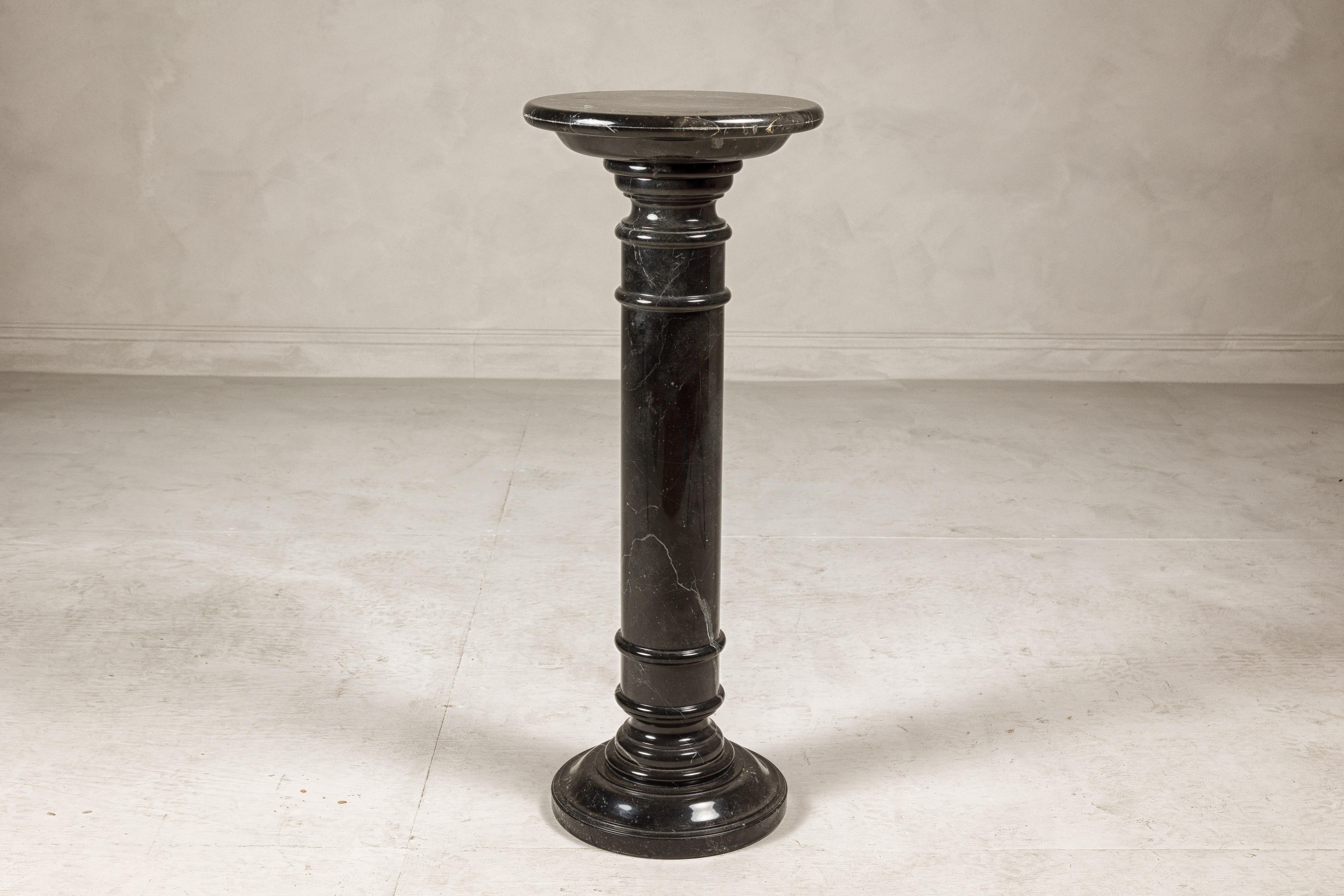 Vintage Black Marble Column Pedestal with White Veining and Stepped Base For Sale 11