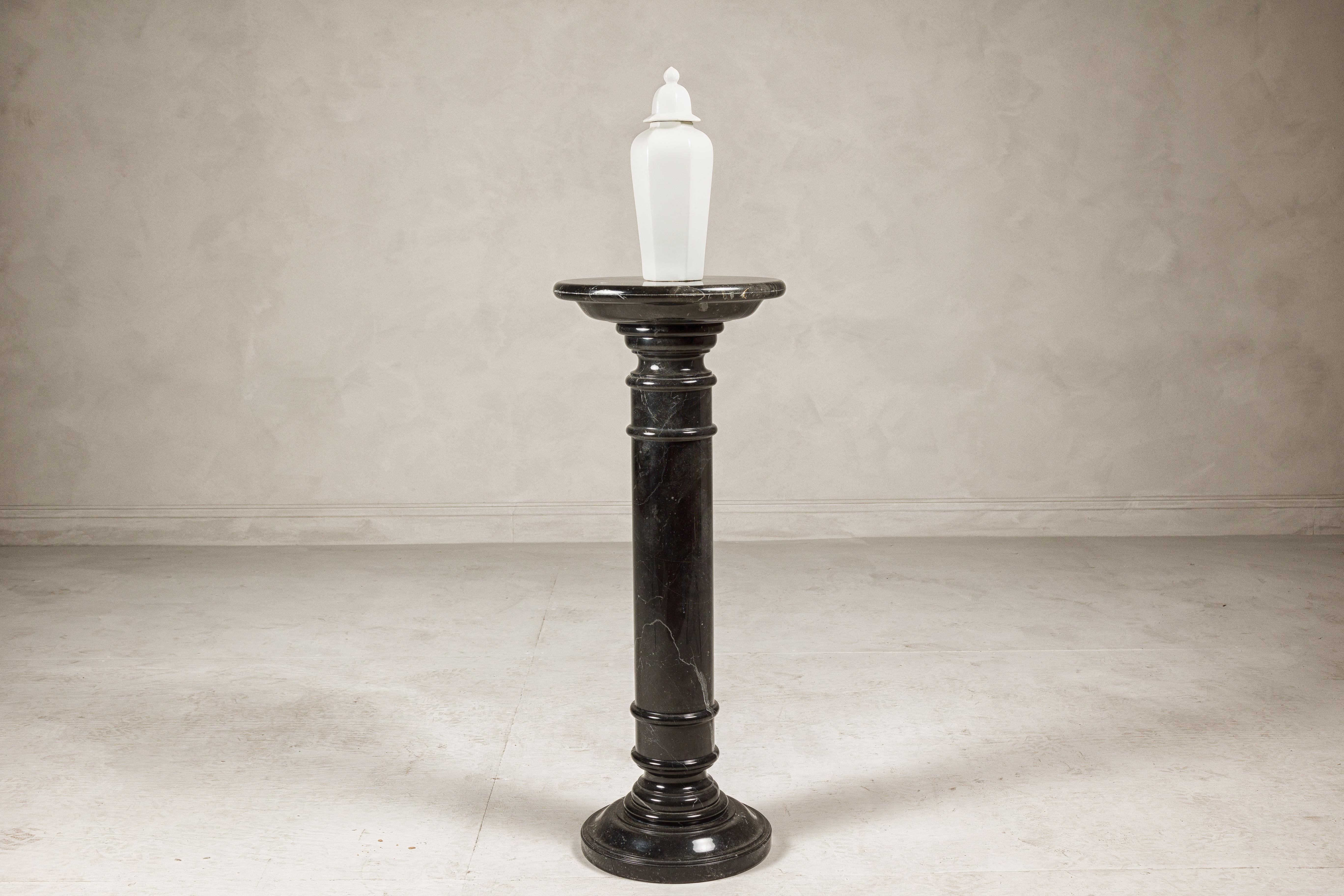 Vintage Black Marble Column Pedestal with White Veining and Stepped Base For Sale 12