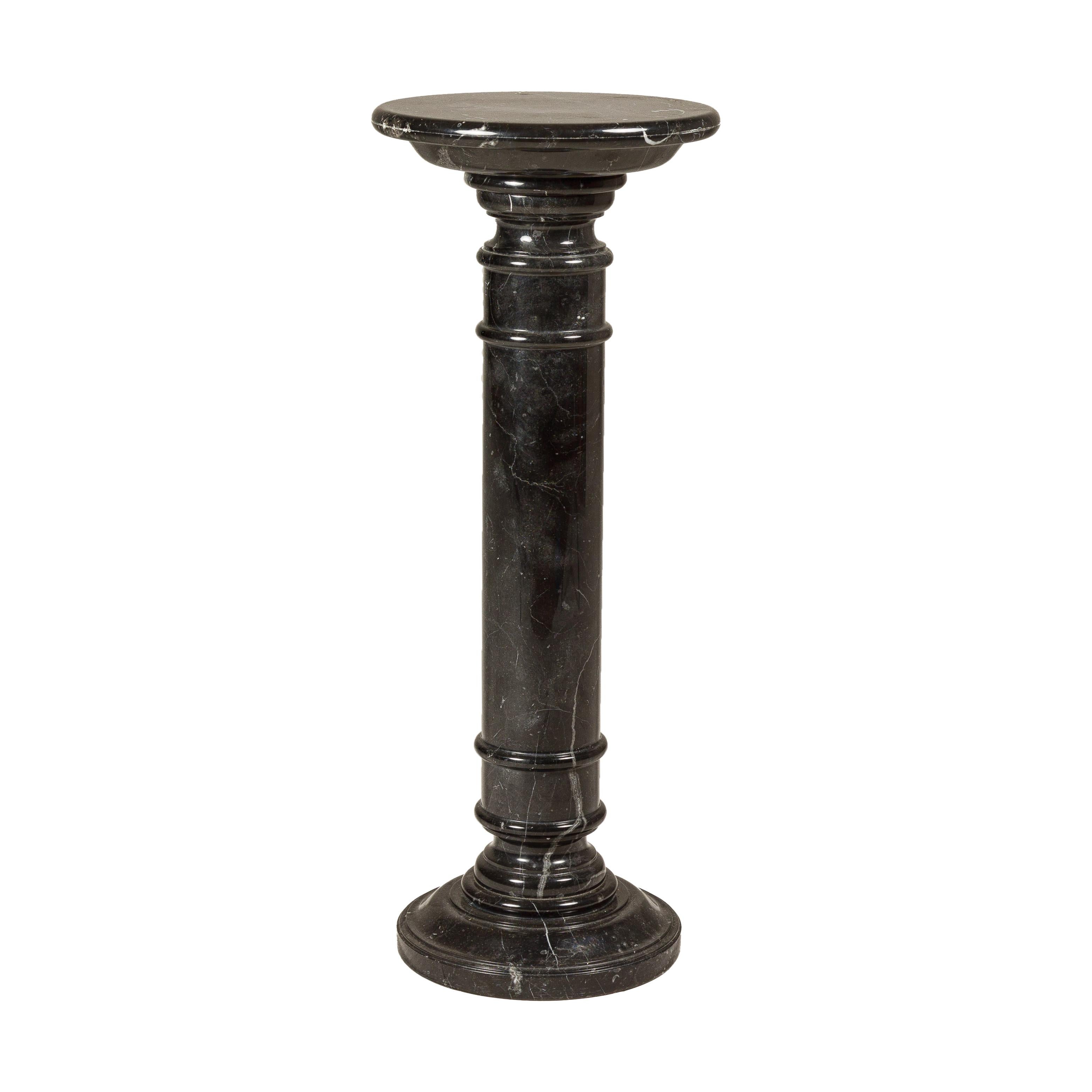 Vintage Black Marble Column Pedestal with White Veining and Stepped Base For Sale 13