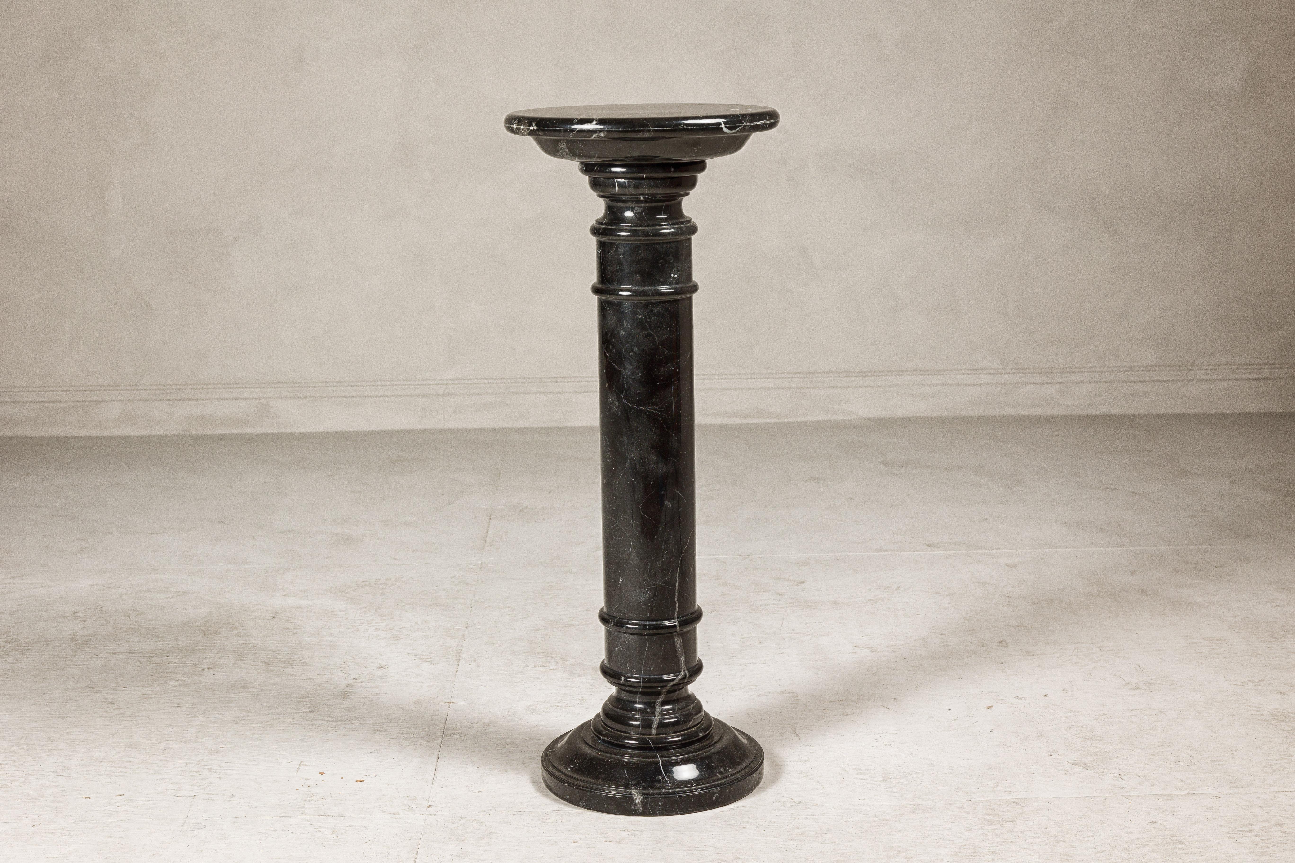 Vintage Black Marble Column Pedestal with White Veining and Stepped Base For Sale 2