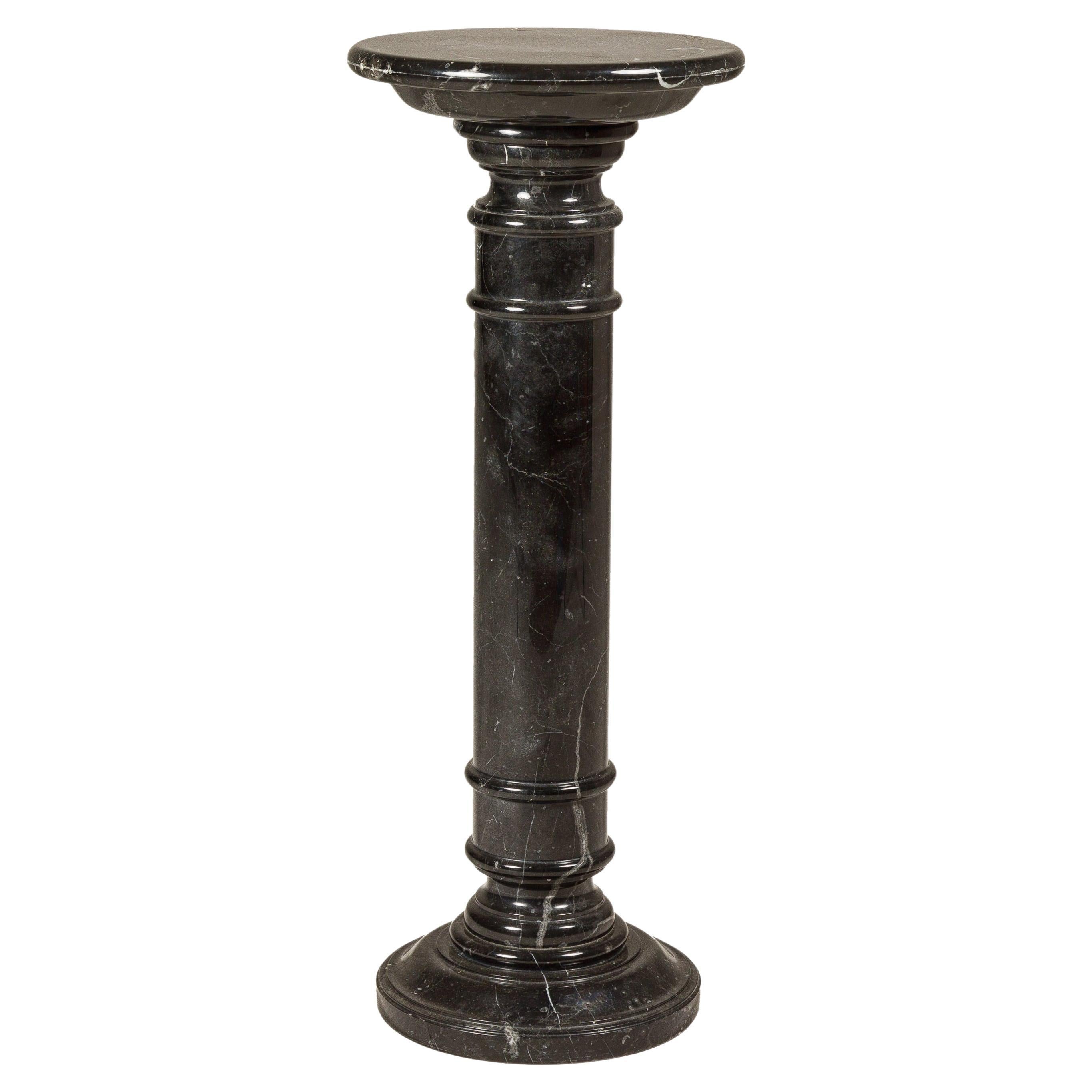 Vintage Black Marble Column Pedestal with White Veining and Stepped Base For Sale