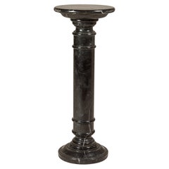 Retro Black Marble Column Pedestal with White Veining and Stepped Base