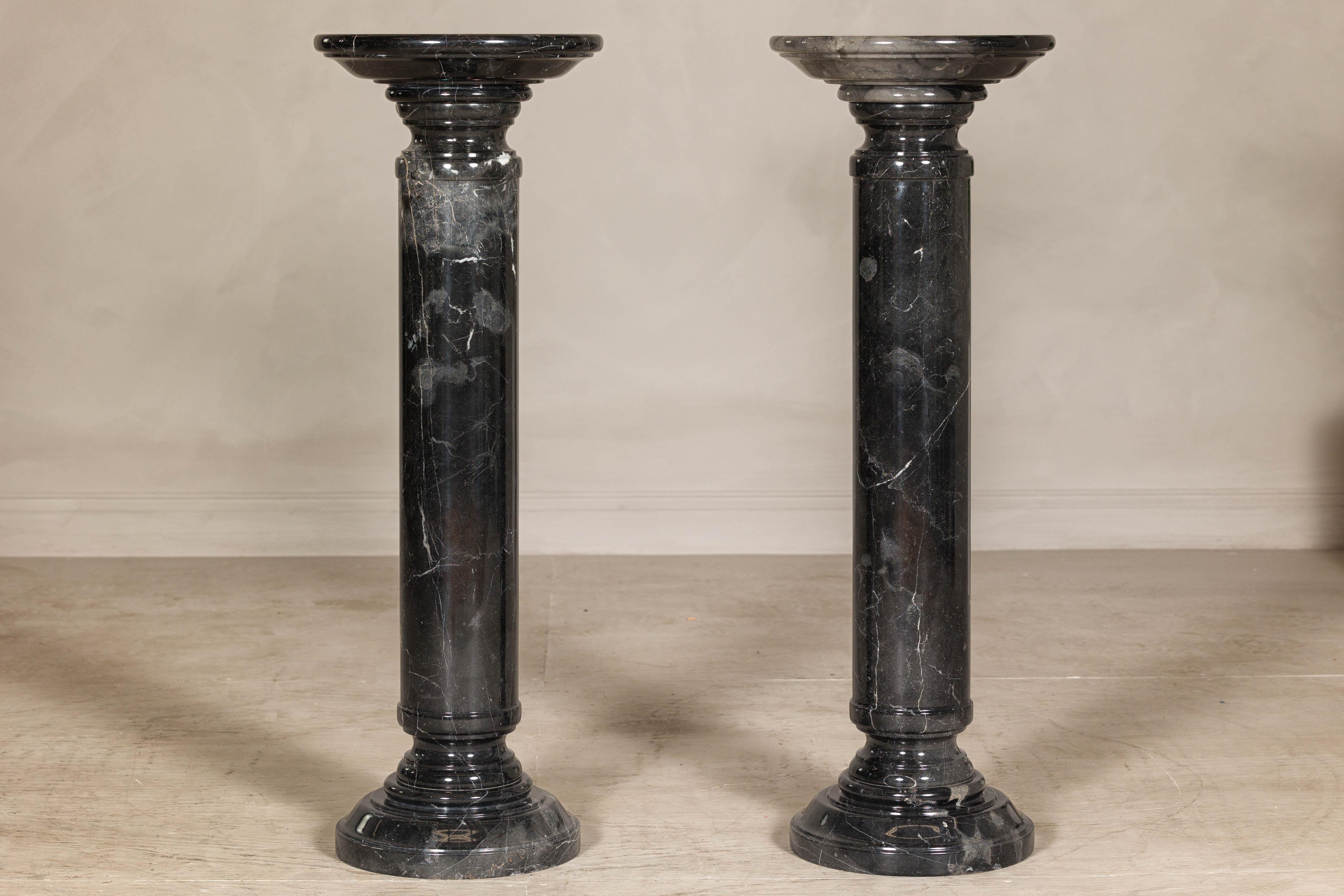 Vintage Black Marble Column Pedestal with White Veiting, Sold Individually en vente 4