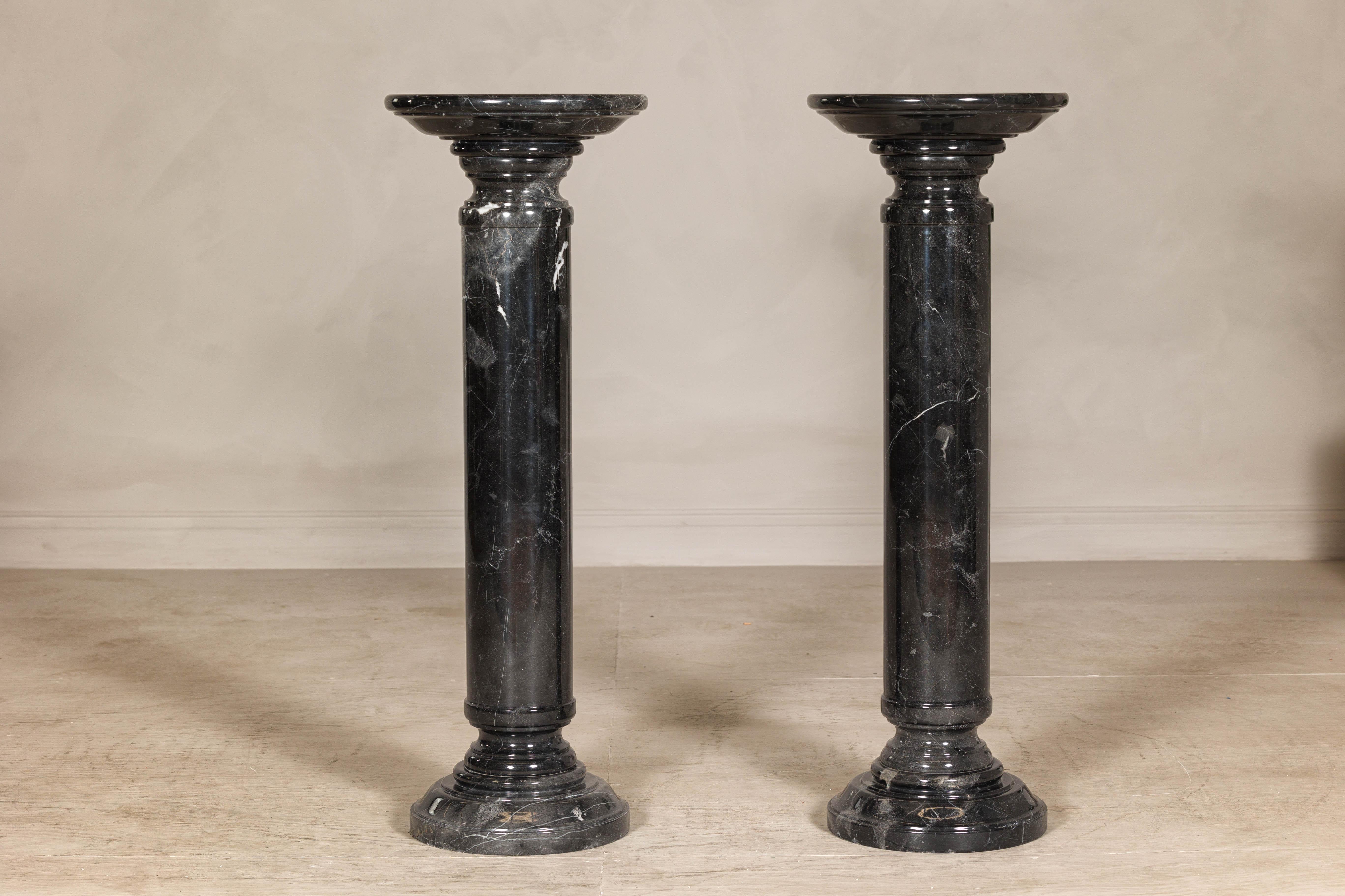 Vintage Black Marble Column Pedestal with White Veiting, Sold Individually en vente 7