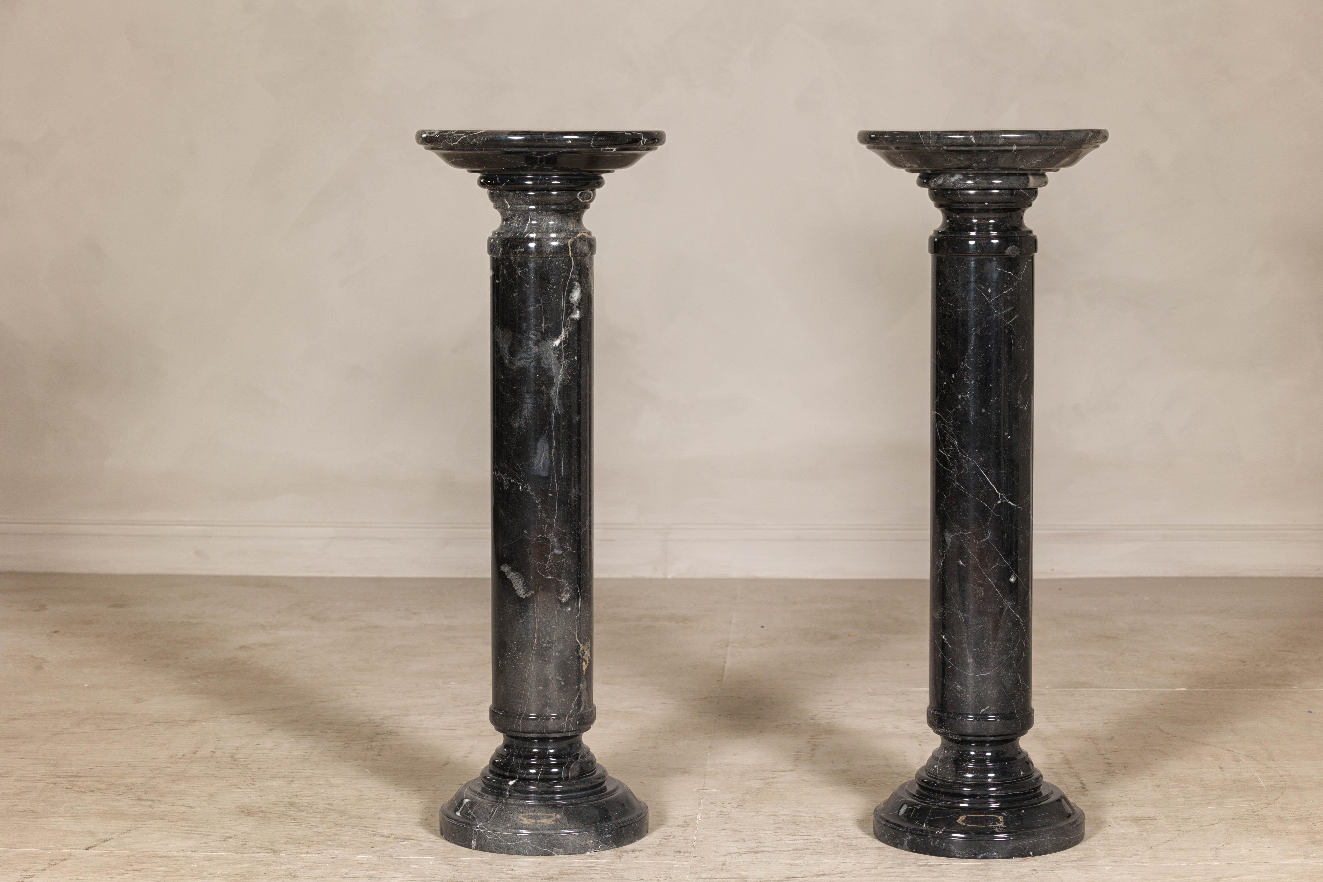 Vintage Black Marble Column Pedestal with White Veiting, Sold Individually en vente 8