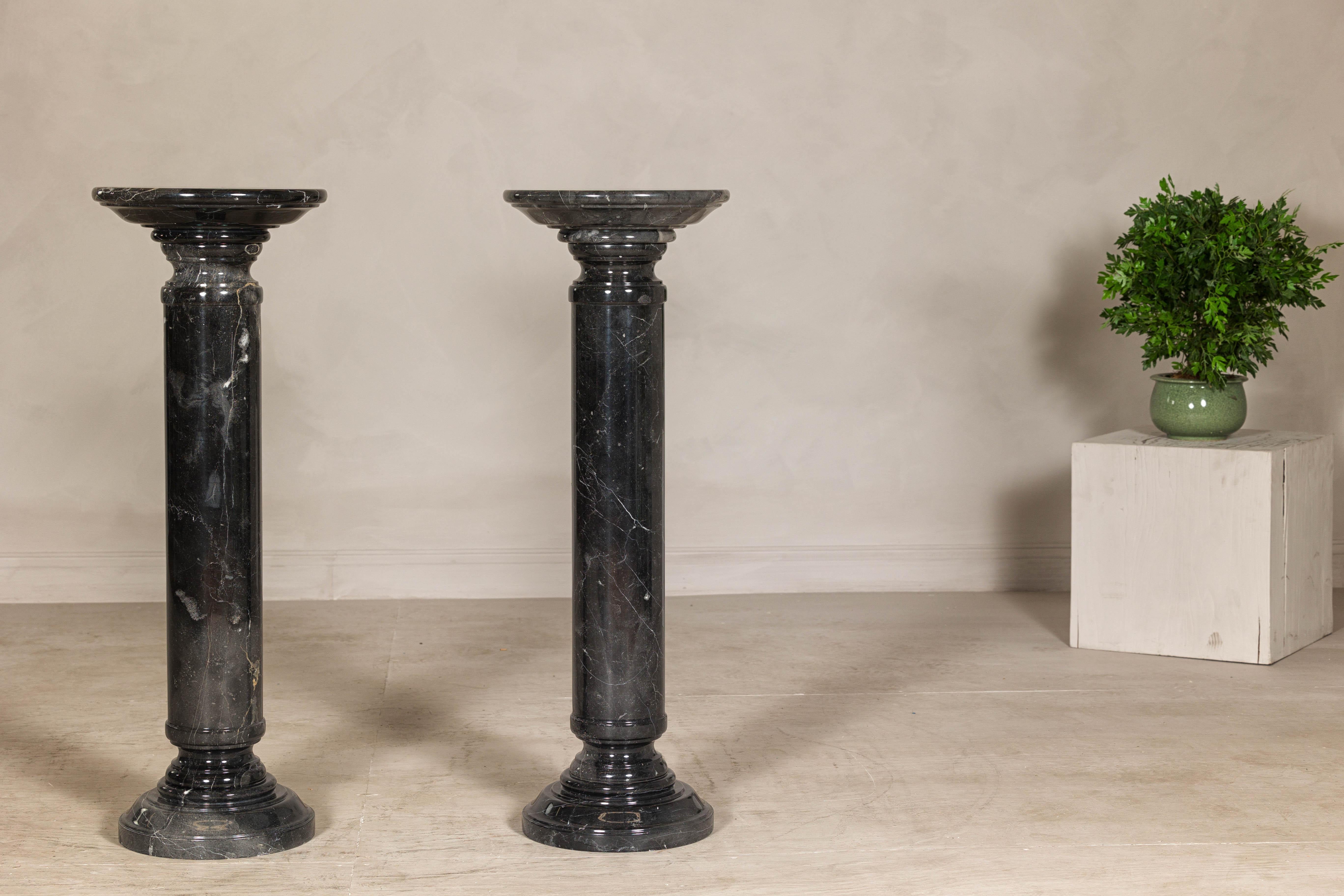 Vintage Black Marble Column Pedestal with White Veiting, Sold Individually en vente 2