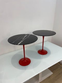 Vintage Black Marble Top Tables With Red Metal Tulip Bases