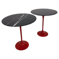 Vintage Black Marble Top Tables With Red Metal Tulip Bases