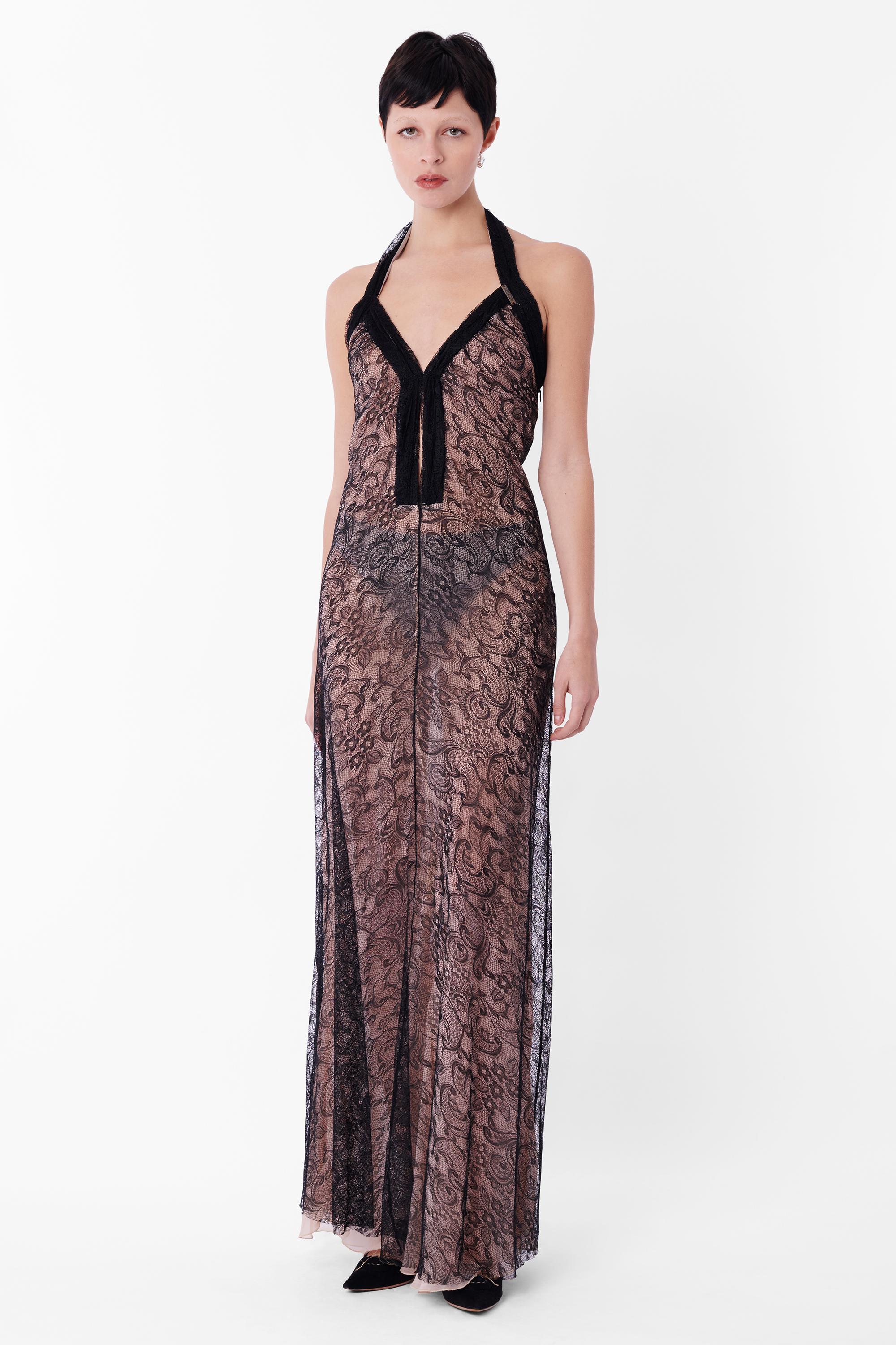 Vintage John Galliano Black Maxi Lace Halterneck Dress In Excellent Condition In London, GB