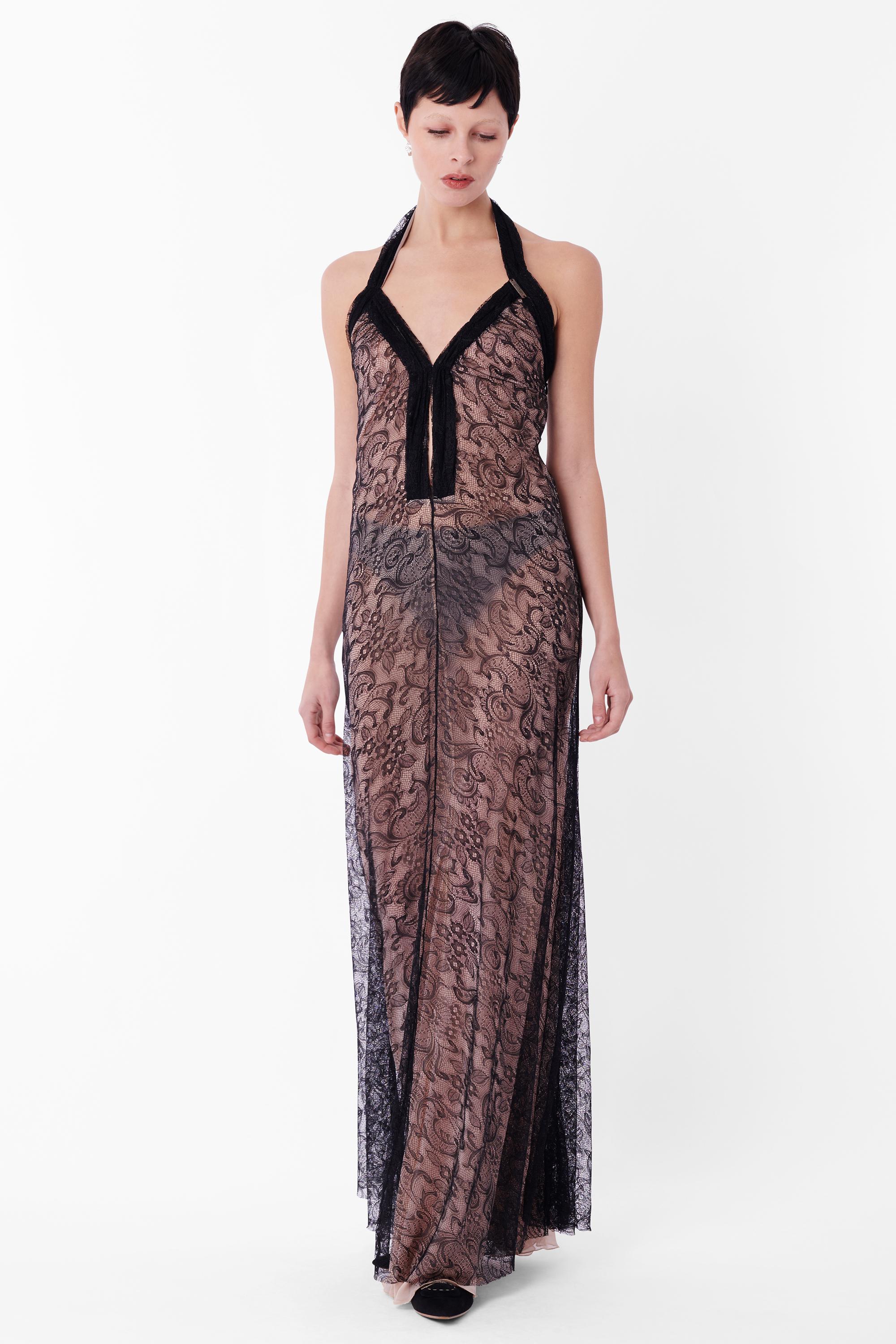 Women's or Men's Vintage John Galliano Black Maxi Lace Halterneck Dress