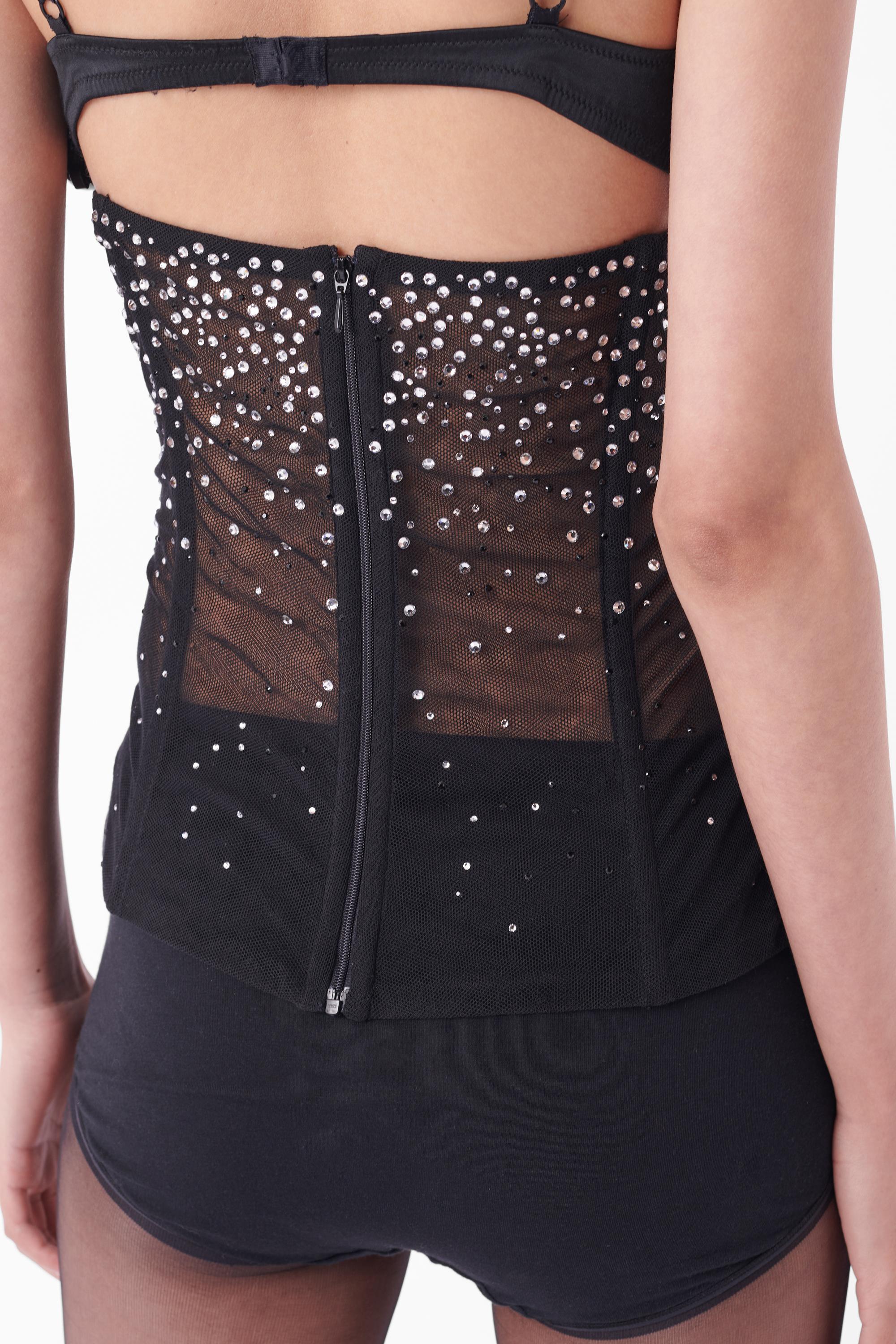 Vintage Black Mesh Crystals Gems Corset In Good Condition For Sale In London, GB