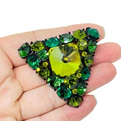 Vintage black metal emerald citrine green rivoli glass massive designer brooch