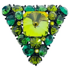 Vintage black metal emerald citrine green rivoli glass massive designer brooch