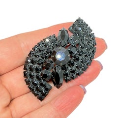 Vintage black metal navette rhinestones designer brooch