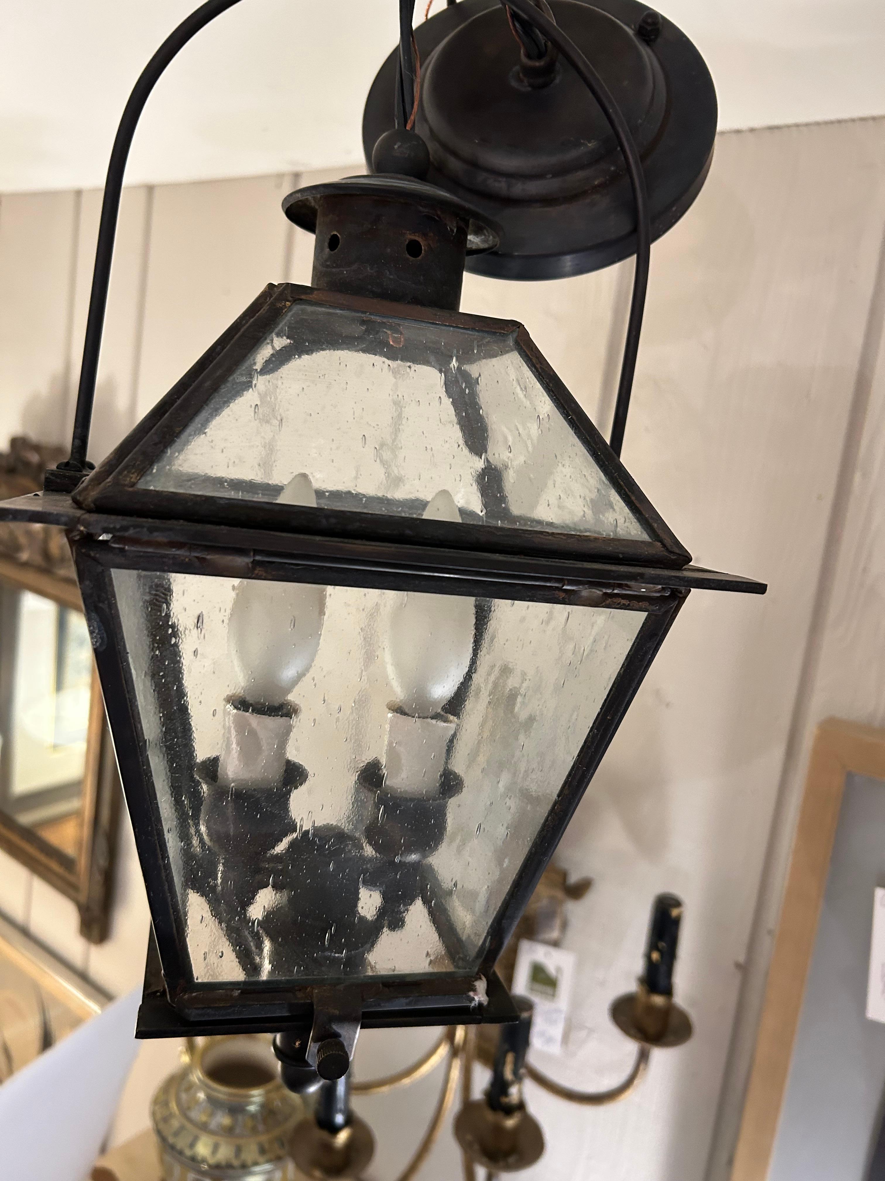 American Vintage Black Metal & Seeded Glass Carriage Lantern For Sale