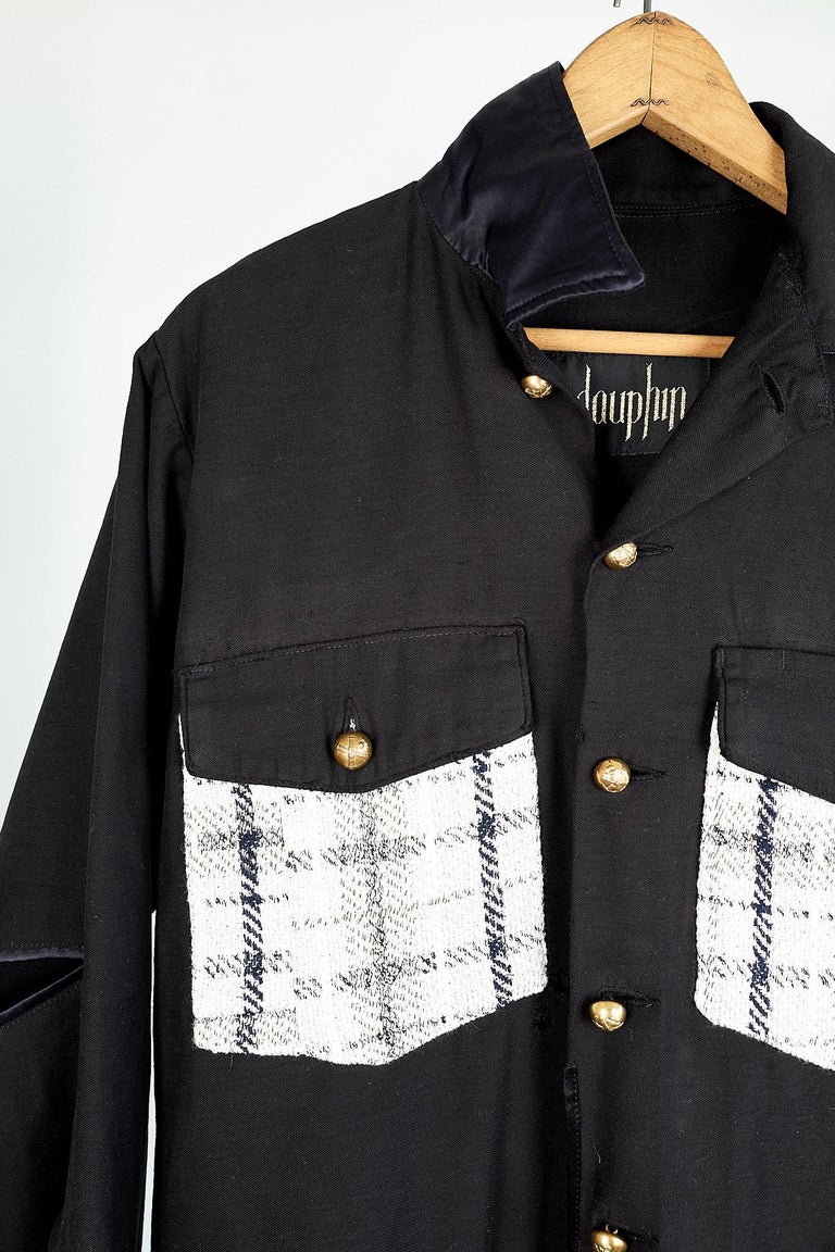 Vintage Black Military Jacket White Silver Square Tweed Brass Buttons J Dauphin For Sale at 1stDibs