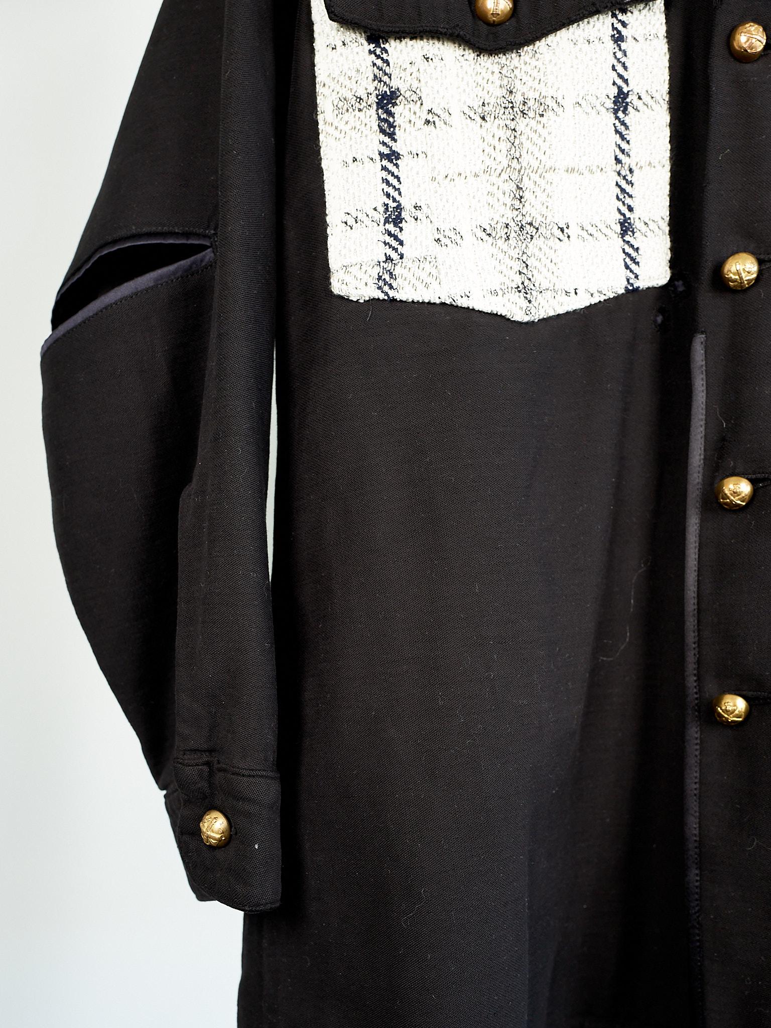 Vintage Black Military Jacket White Silver Square Tweed Brass Buttons J Dauphin In New Condition In Los Angeles, CA