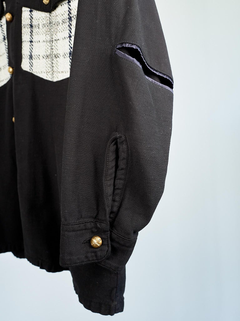 Vintage Black Military Jacket White Silver Square Tweed Brass Buttons J