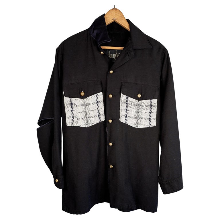 Vintage Black Military Jacket White Silver Square Tweed Brass Buttons J