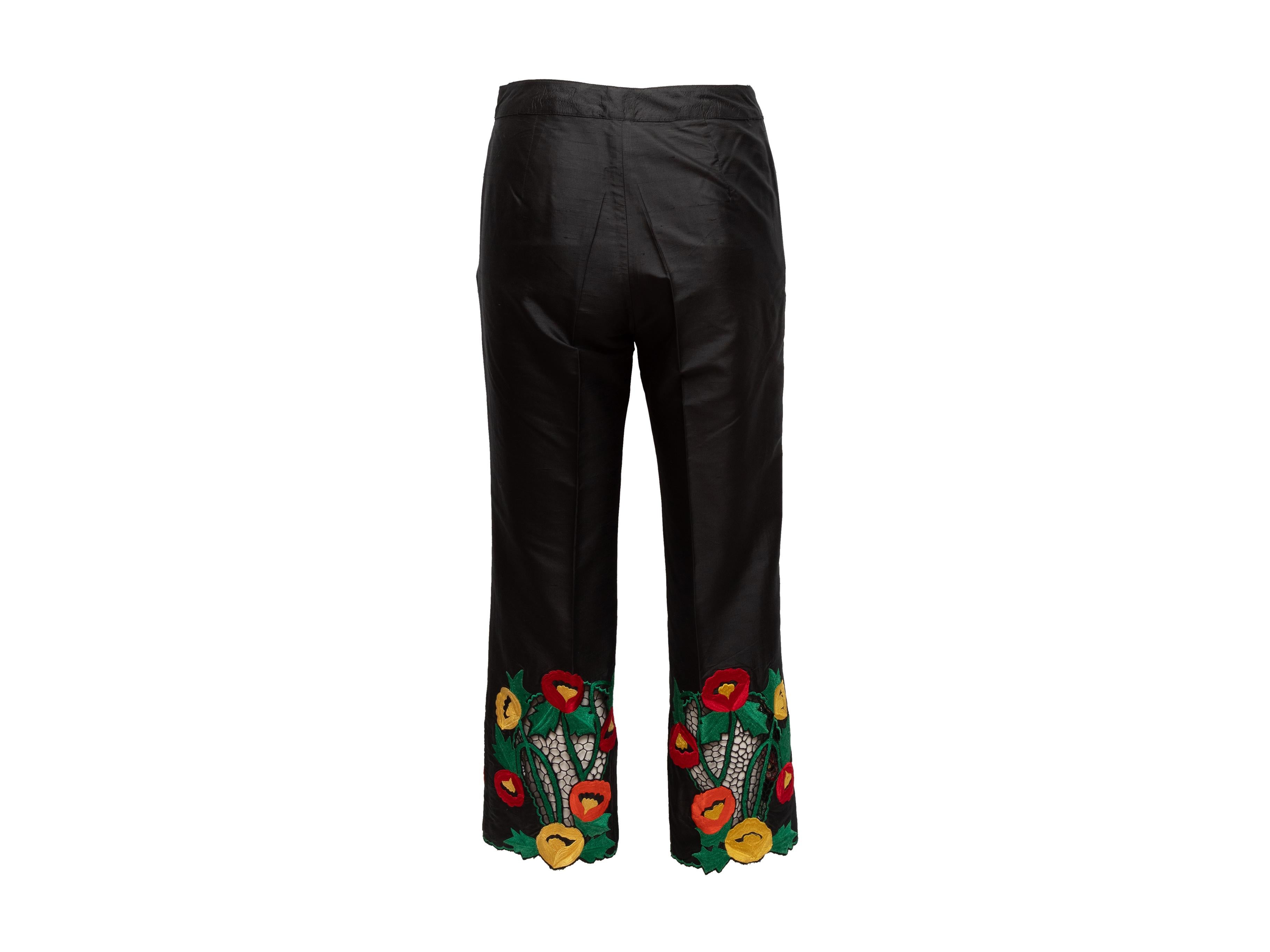 Vintage Black & Multicolor Anna Sui Silk Floral Hem Pants In Good Condition In New York, NY