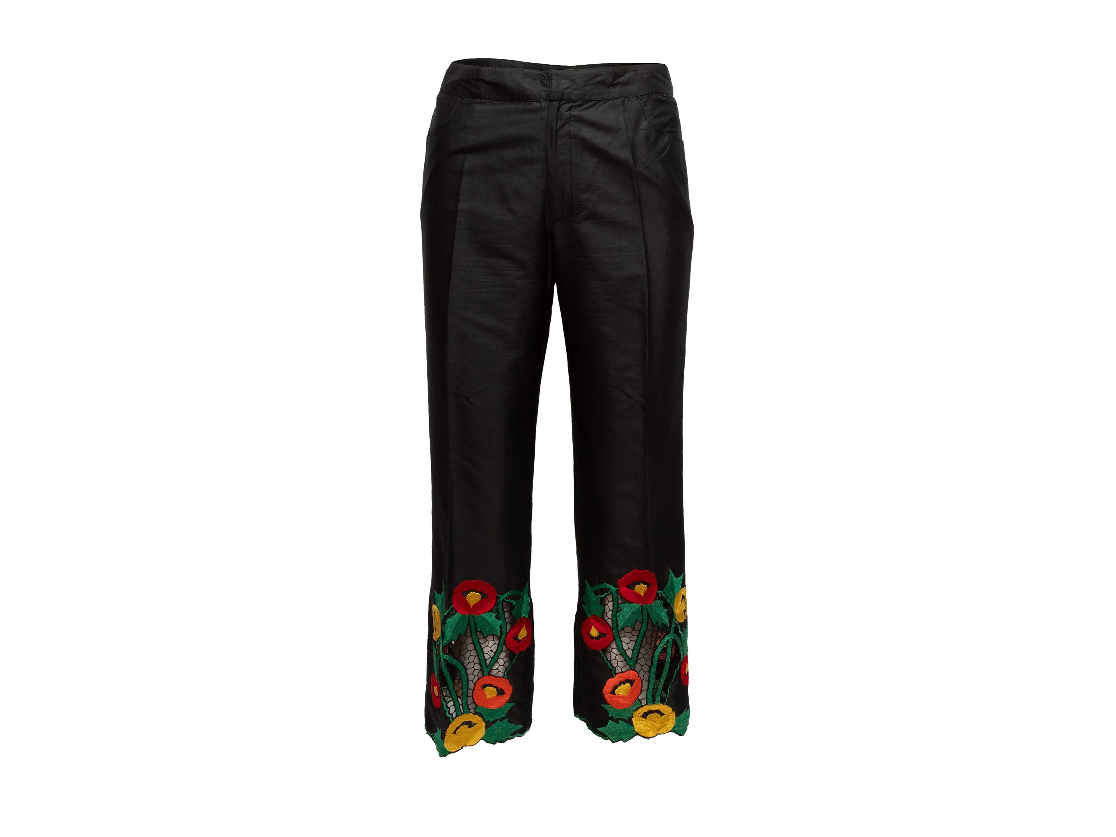 Vintage Black & Multicolor Anna Sui Silk Floral Hem Pants