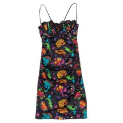 Vintage Schwarz & Multicolor Betsey Johnson Seide Tattoo gedruckt Kleid Größe US 2