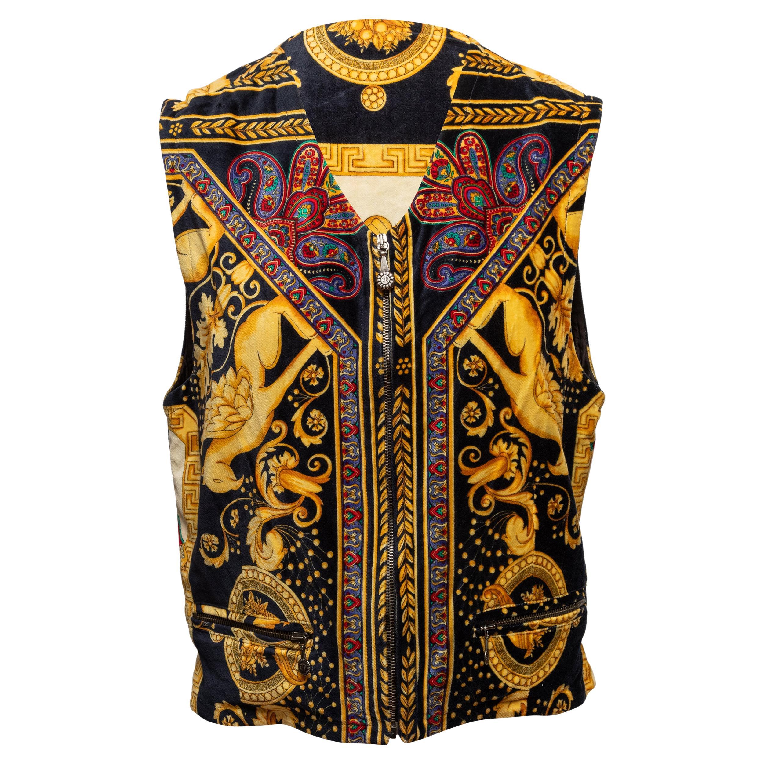 Vintage Versace Sport Gilet in velluto stampato nero e multicolore Taglia IT 48t