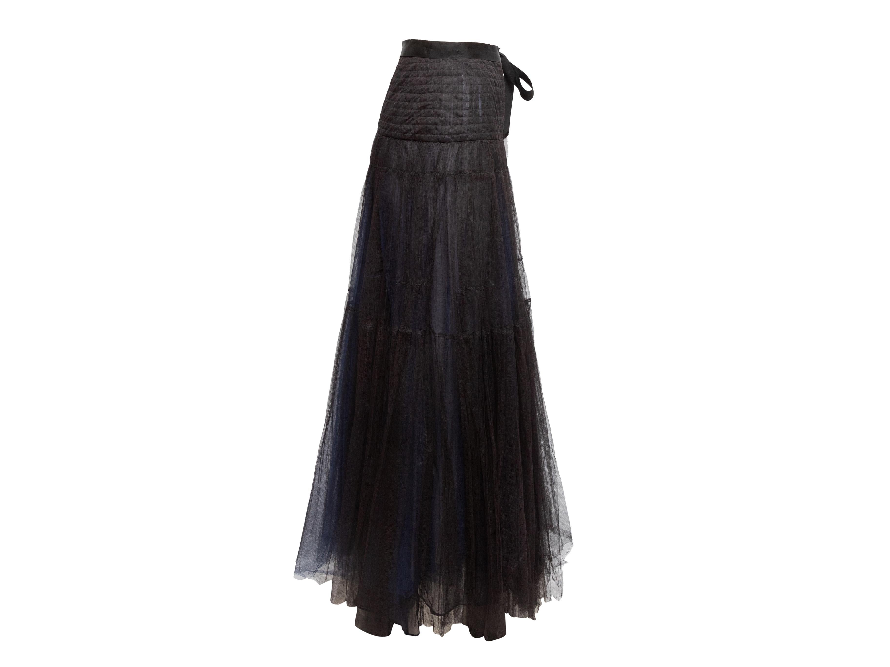 Product Details: Vintage black and navy tulle maxi skirt by Oscar de la Renta. Bow at side waist. 27