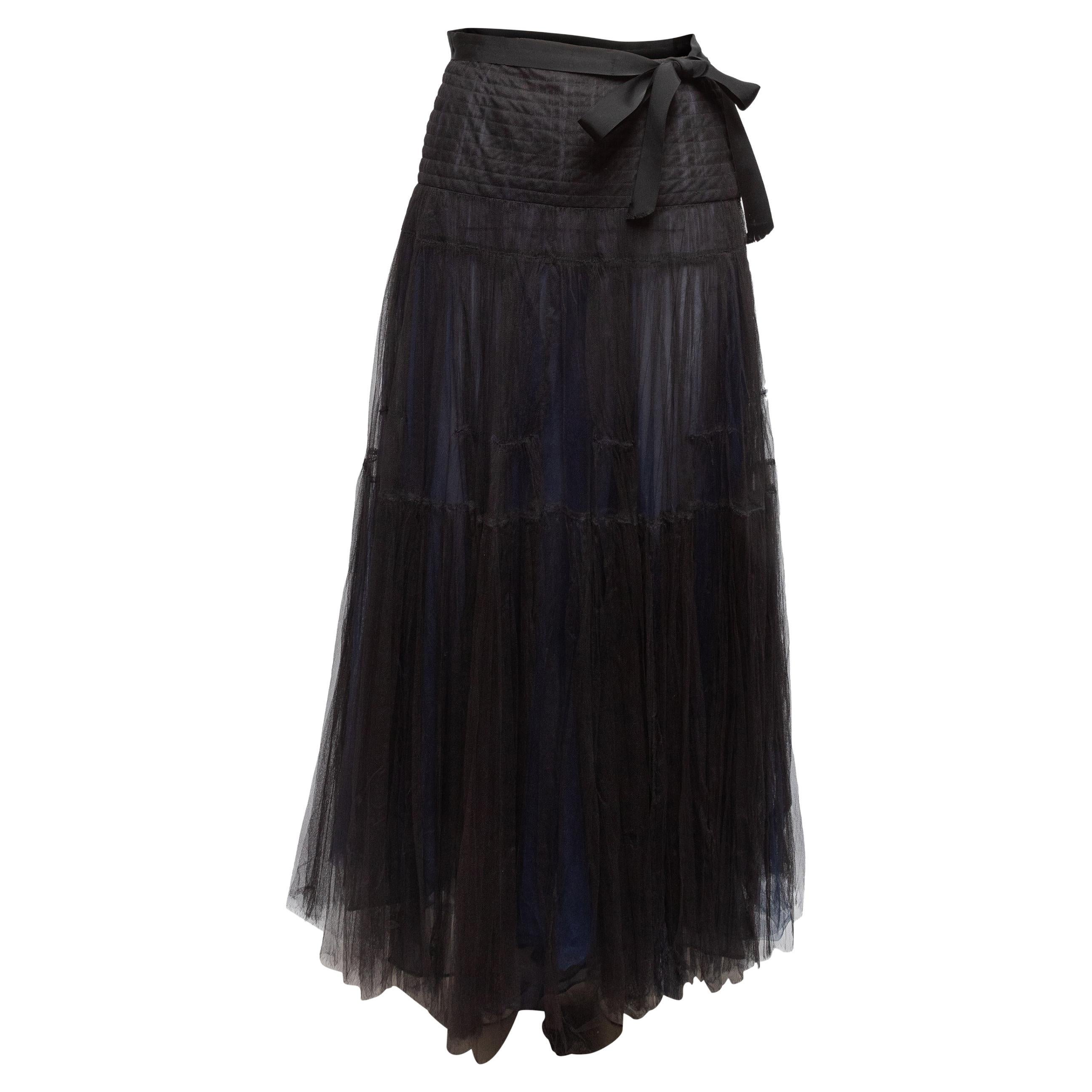 Vintage Black & Navy Oscar de la Renta Tulle Maxi Skirt For Sale