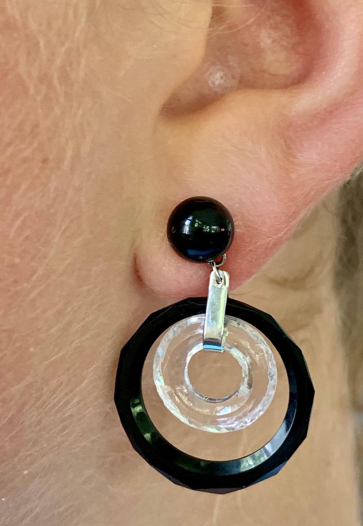 Vintage Black Onyx and Crystal 14 Karat White Gold Post Earrings In Good Condition For Sale In St. Louis Park, MN