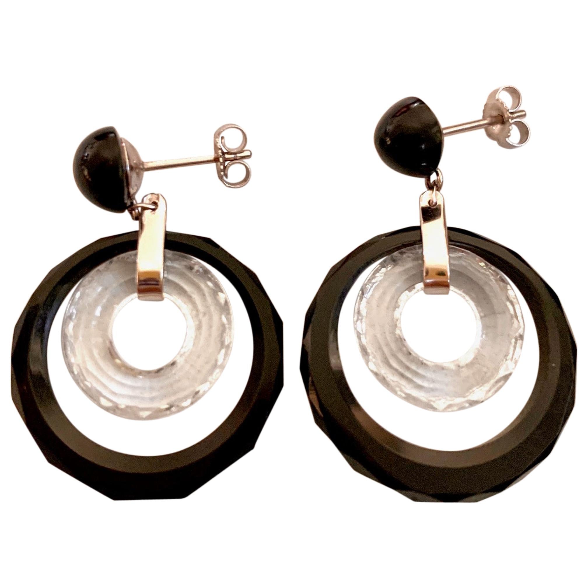 Vintage Black Onyx and Crystal 14 Karat White Gold Post Earrings For Sale