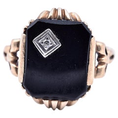Vintage Black Onyx and Diamond 10 Karat Yellow Gold Ring