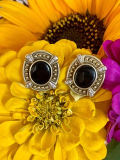 Vintage Black Onyx and Diamond 14 Karat Yellow Gold Omega Clasp Pierced Earrings