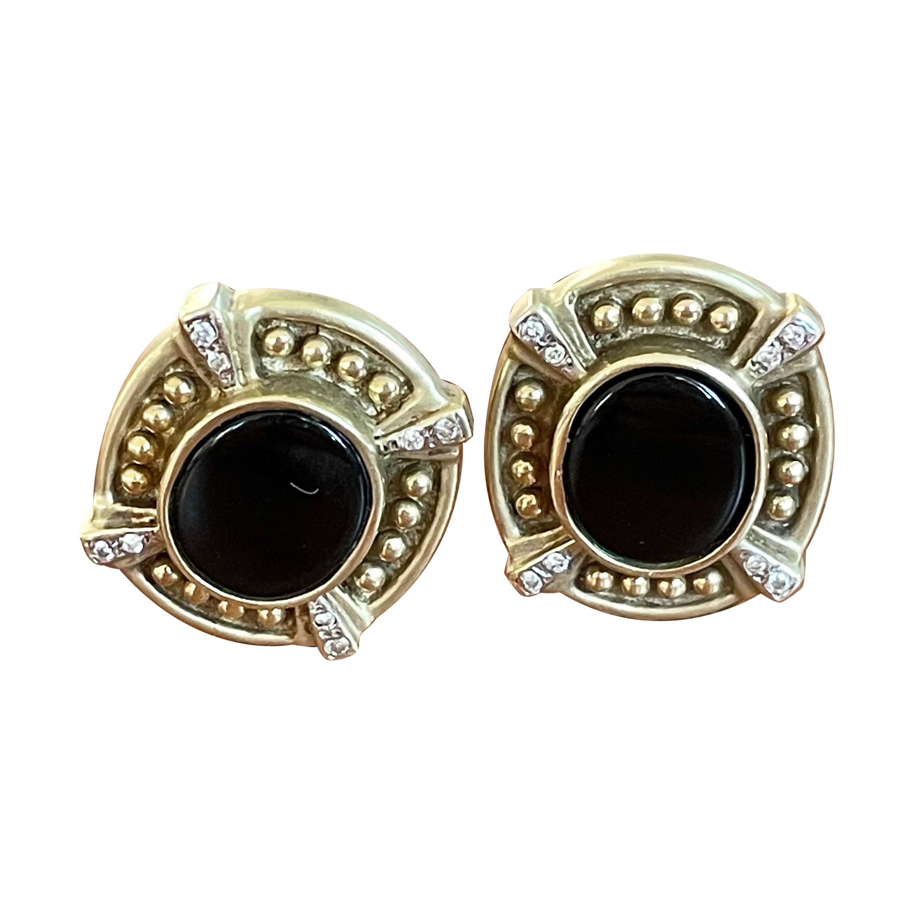 Vintage Black Onyx and Diamond 14 Karat Yellow Gold Omega Clasp Pierced Earrings For Sale