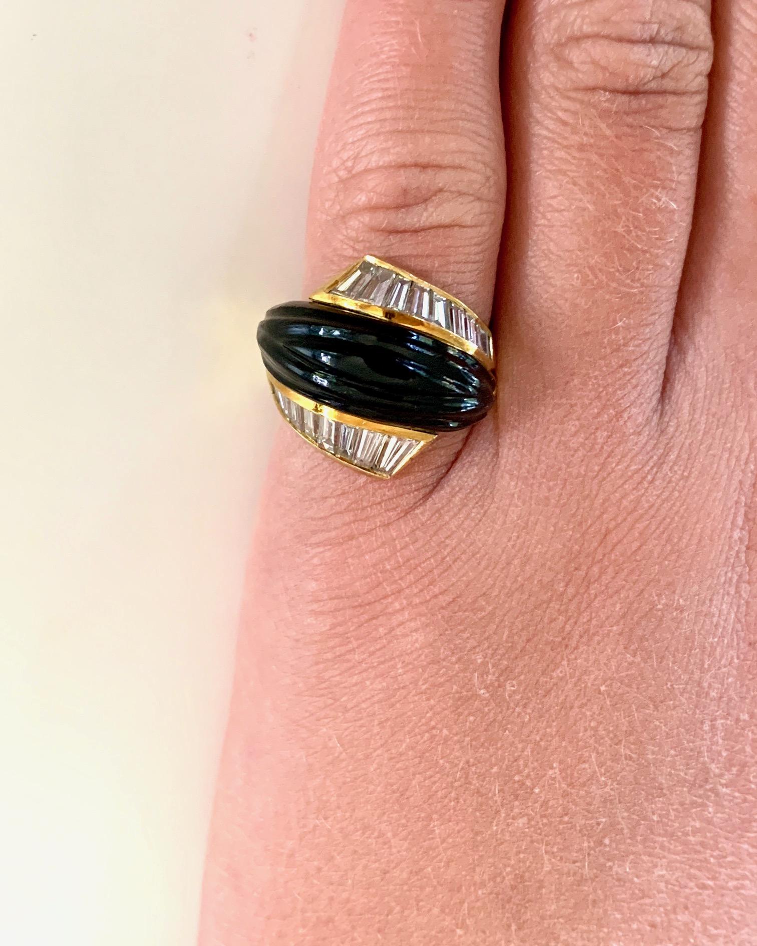 Vintage Black Onyx and Diamond Baguette 18 Karat Gold Ring 5