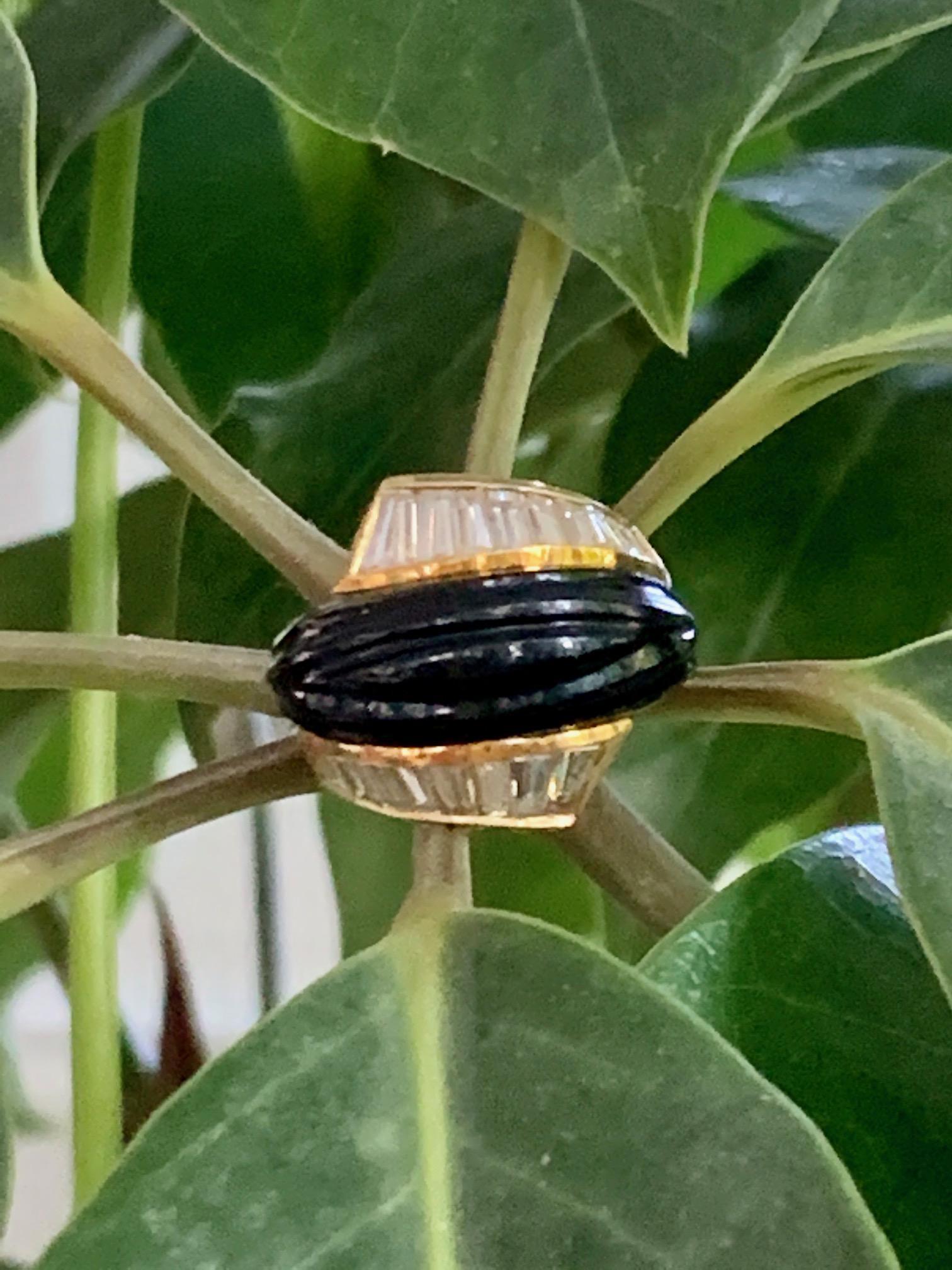 Baguette Cut Vintage Black Onyx and Diamond Baguette 18 Karat Gold Ring