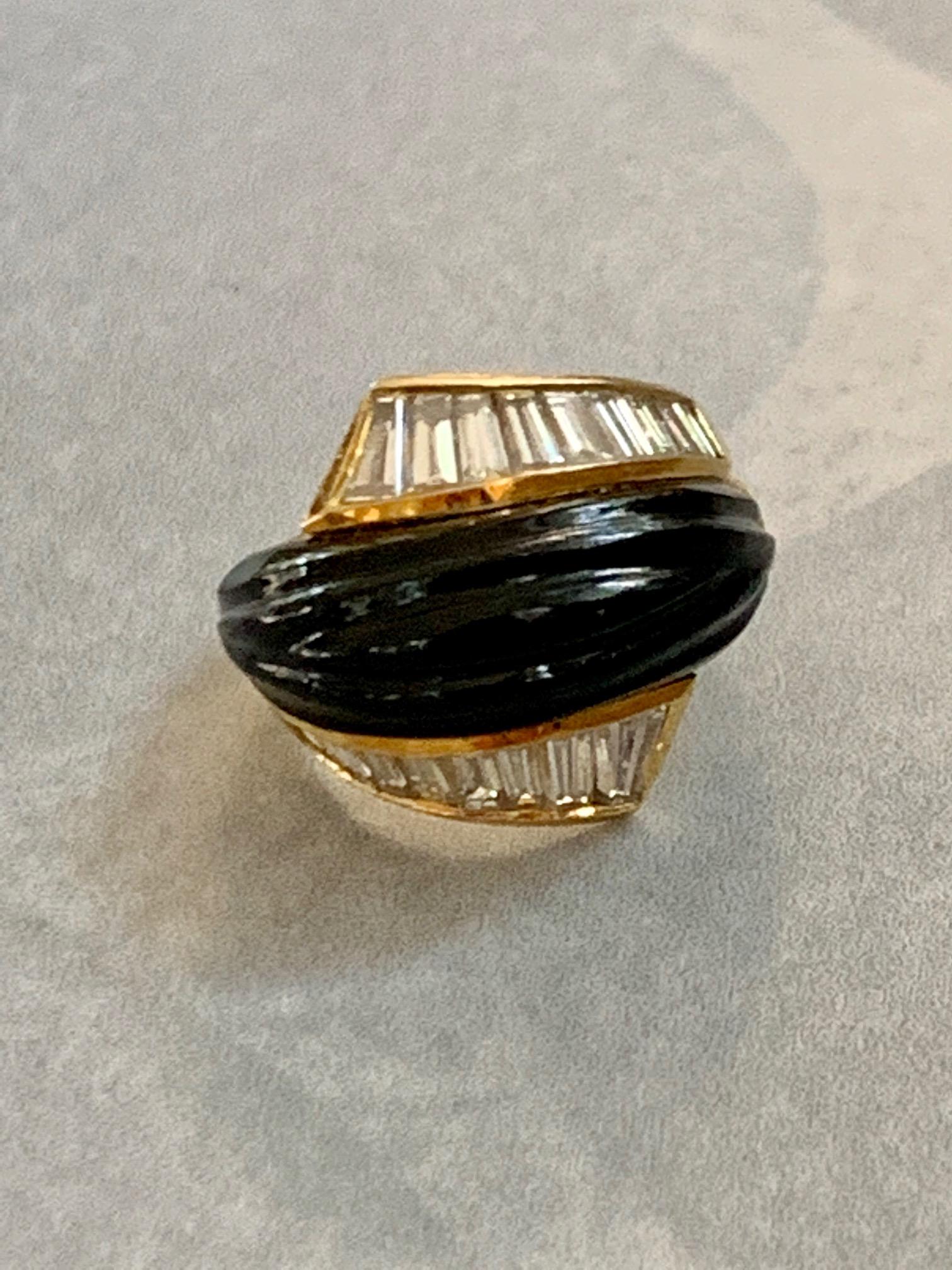 Vintage Black Onyx and Diamond Baguette 18 Karat Gold Ring 1