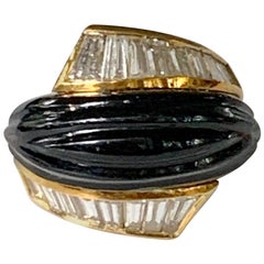 Vintage Black Onyx and Diamond Baguette 18 Karat Gold Ring