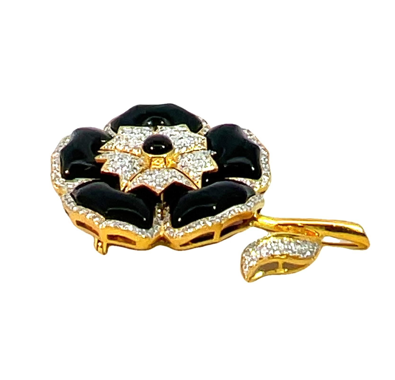 Vintage Black Onyx and Diamond Flower Brooch 5