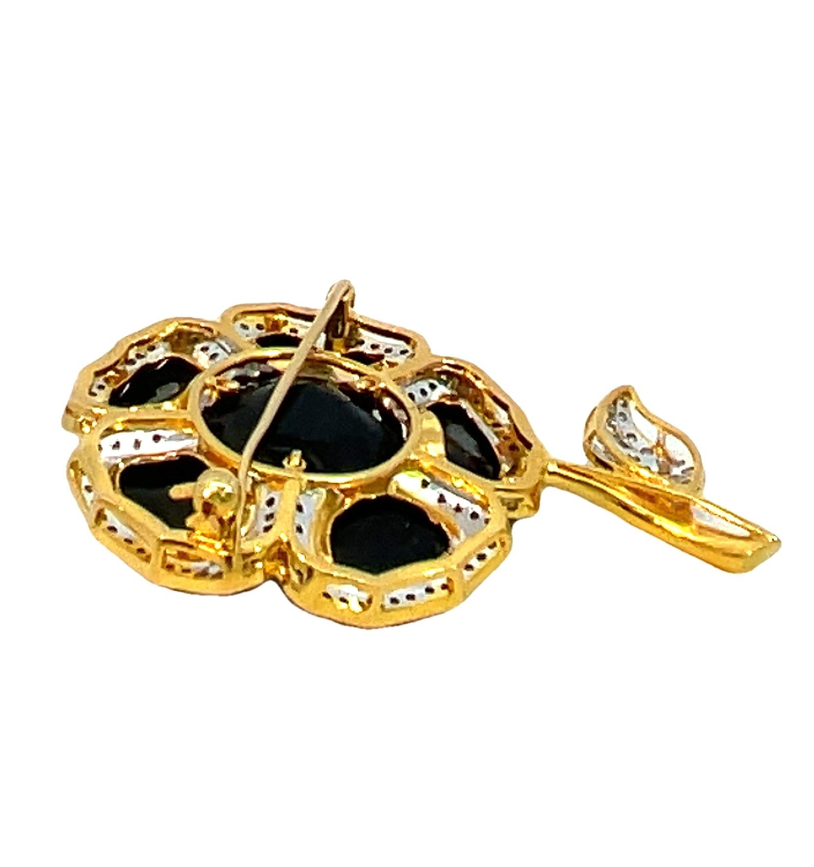 Vintage Black Onyx and Diamond Flower Brooch 6