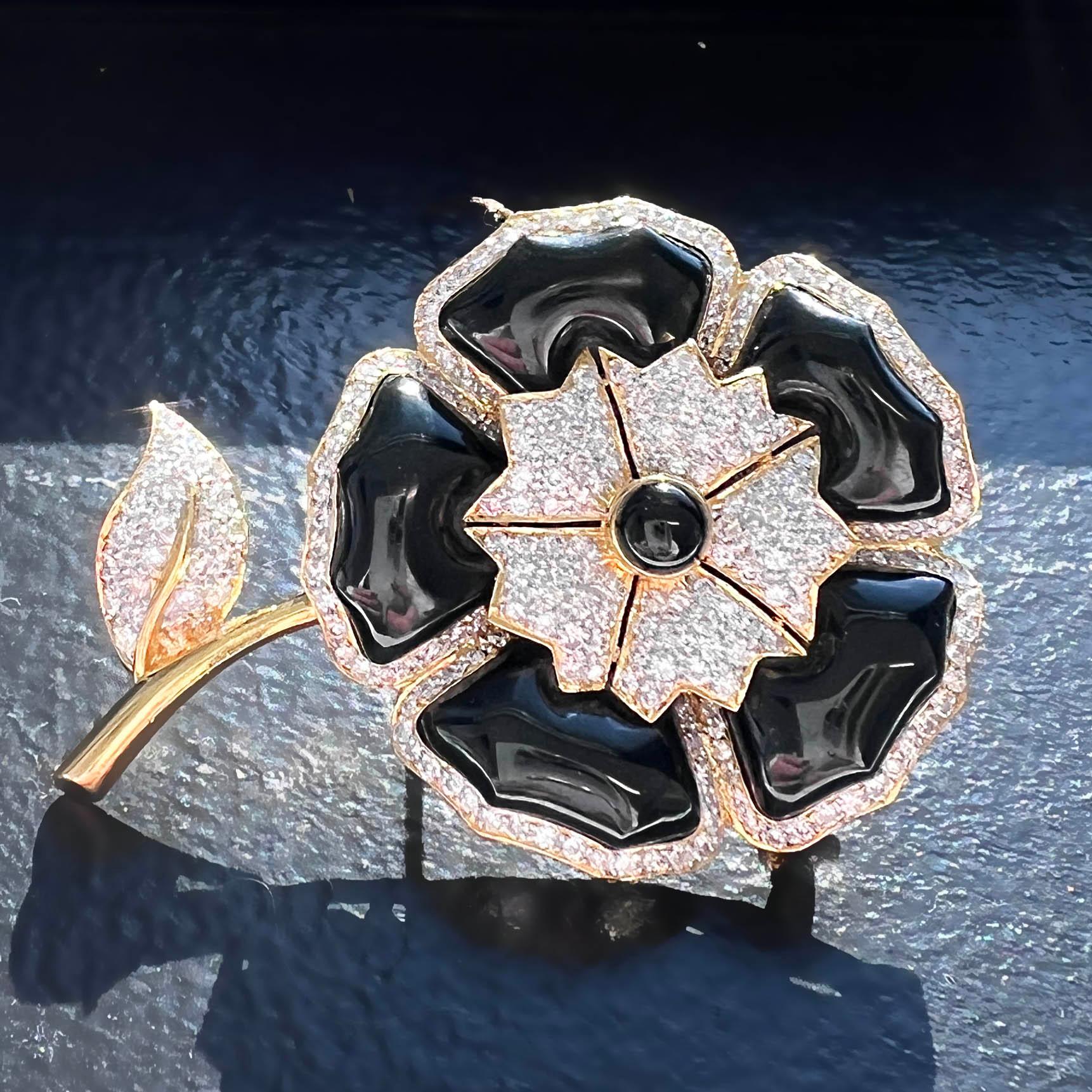 Retro Vintage Black Onyx and Diamond Flower Brooch